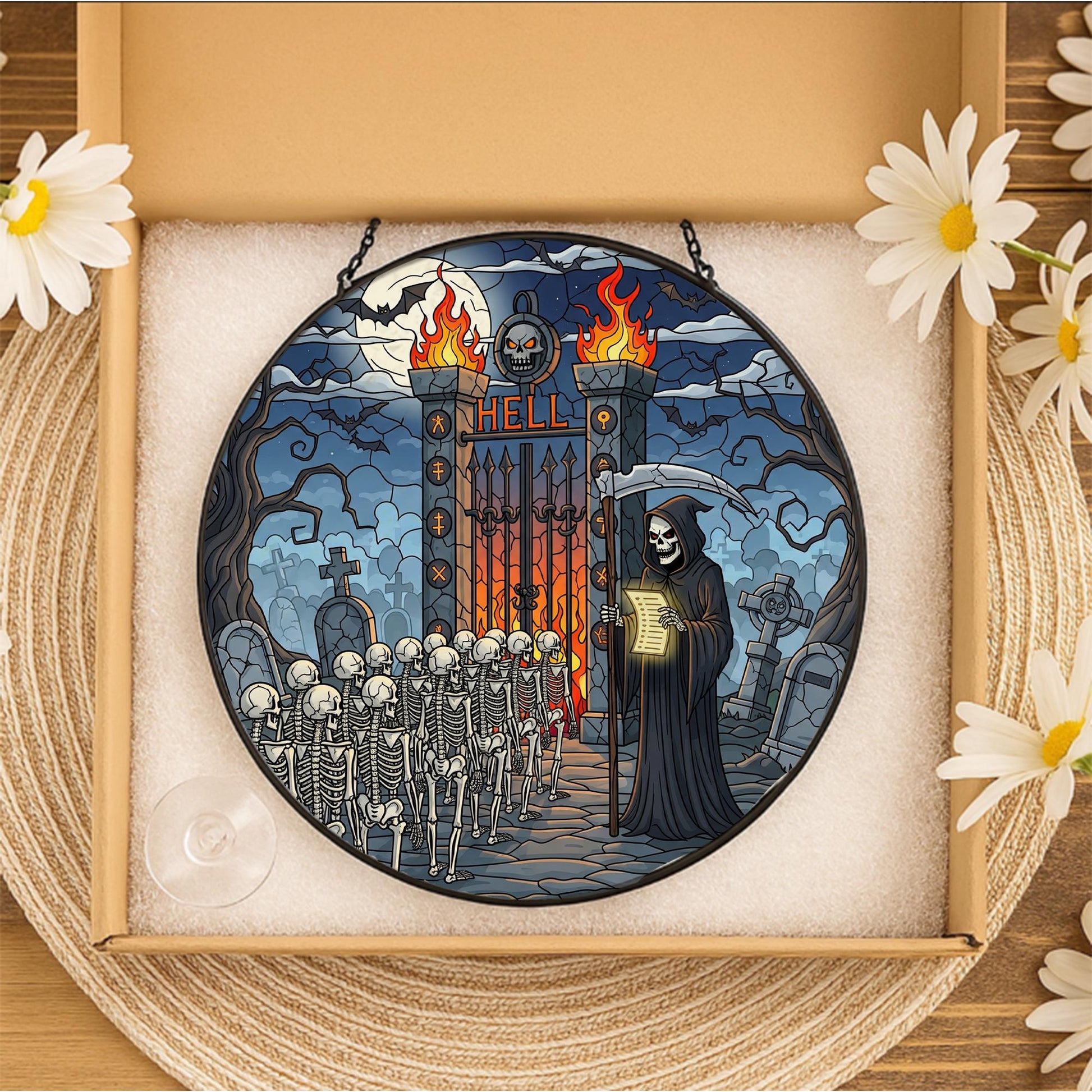 Grim Reaper Hell Gate Suncatcher – Gothic Skeleton Halloween Window Decor, Dark Fantasy Horror Art Ornament