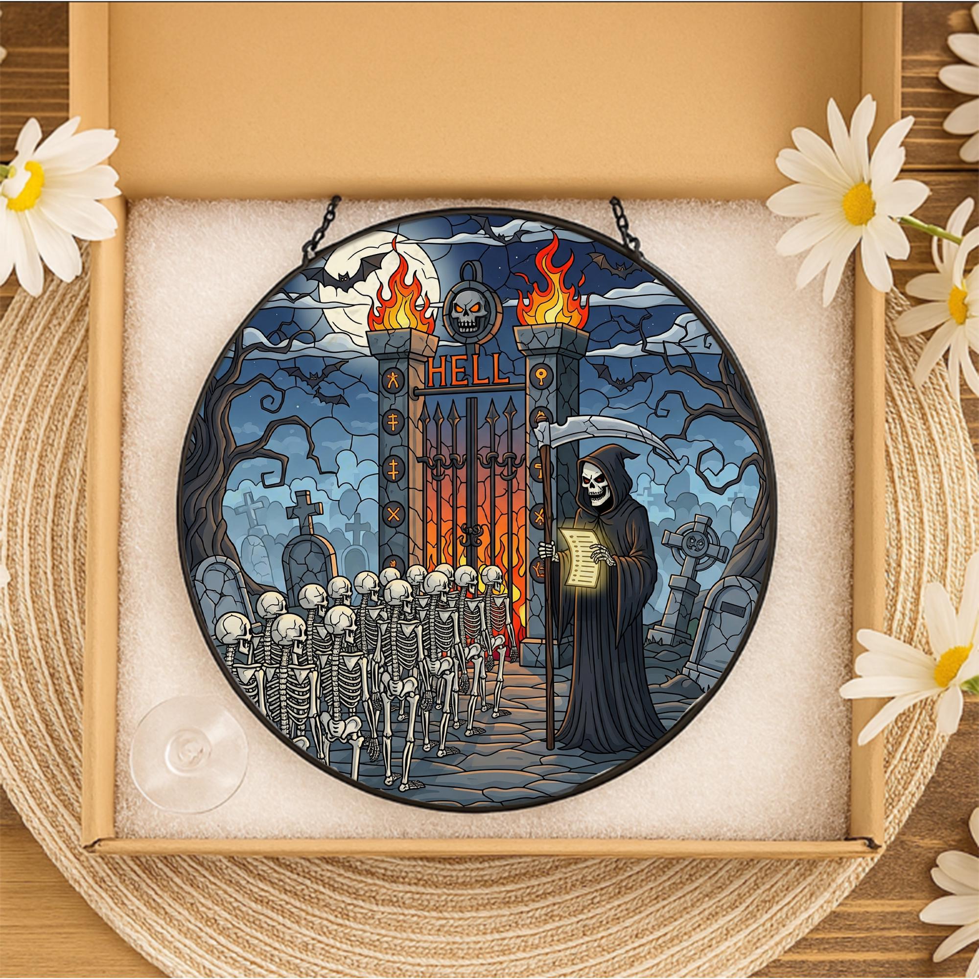 Grim Reaper Hell Gate Suncatcher – Gothic Skeleton Halloween Window Decor, Dark Fantasy Horror Art Ornament