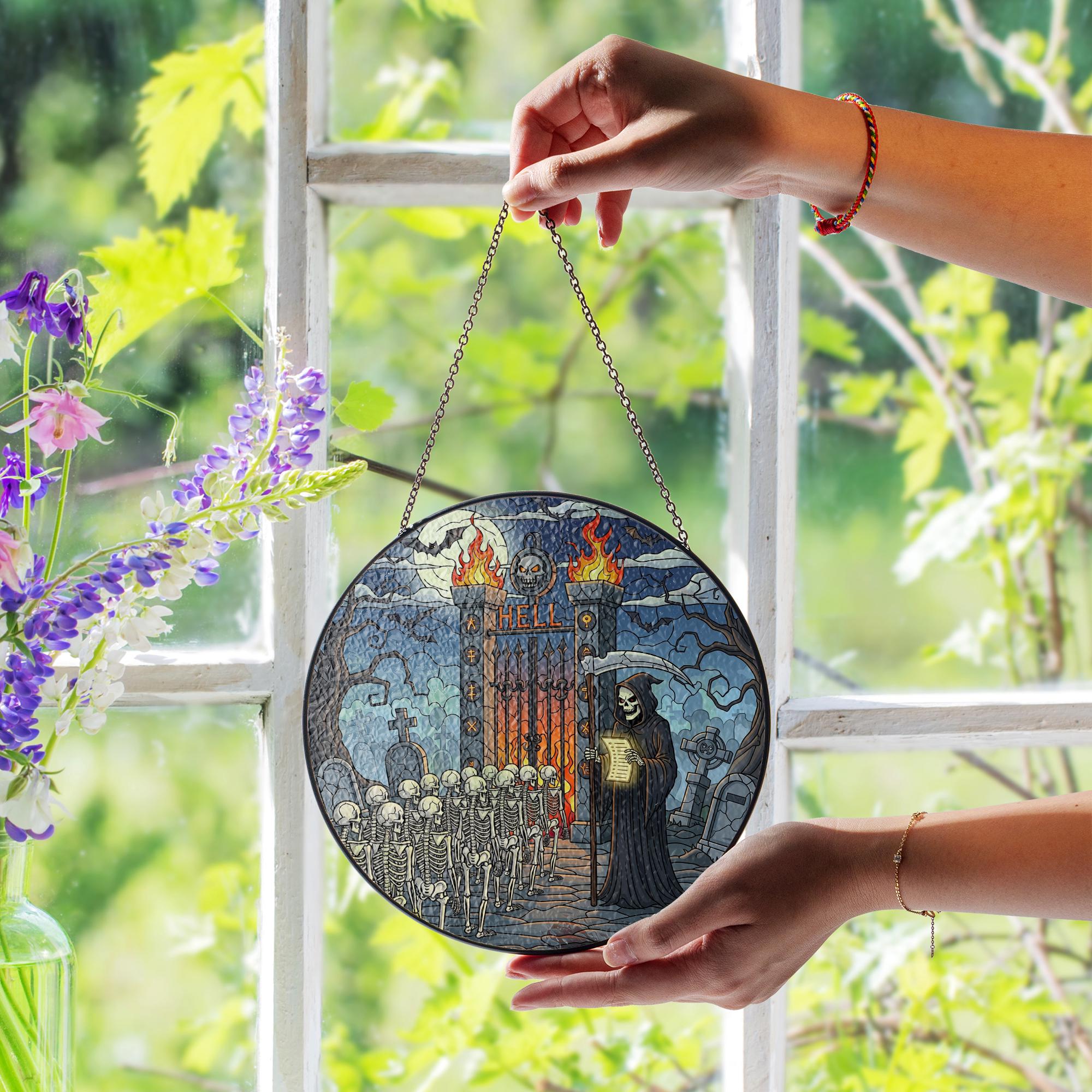Grim Reaper Hell Gate Suncatcher – Gothic Skeleton Halloween Window Decor, Dark Fantasy Horror Art Ornament