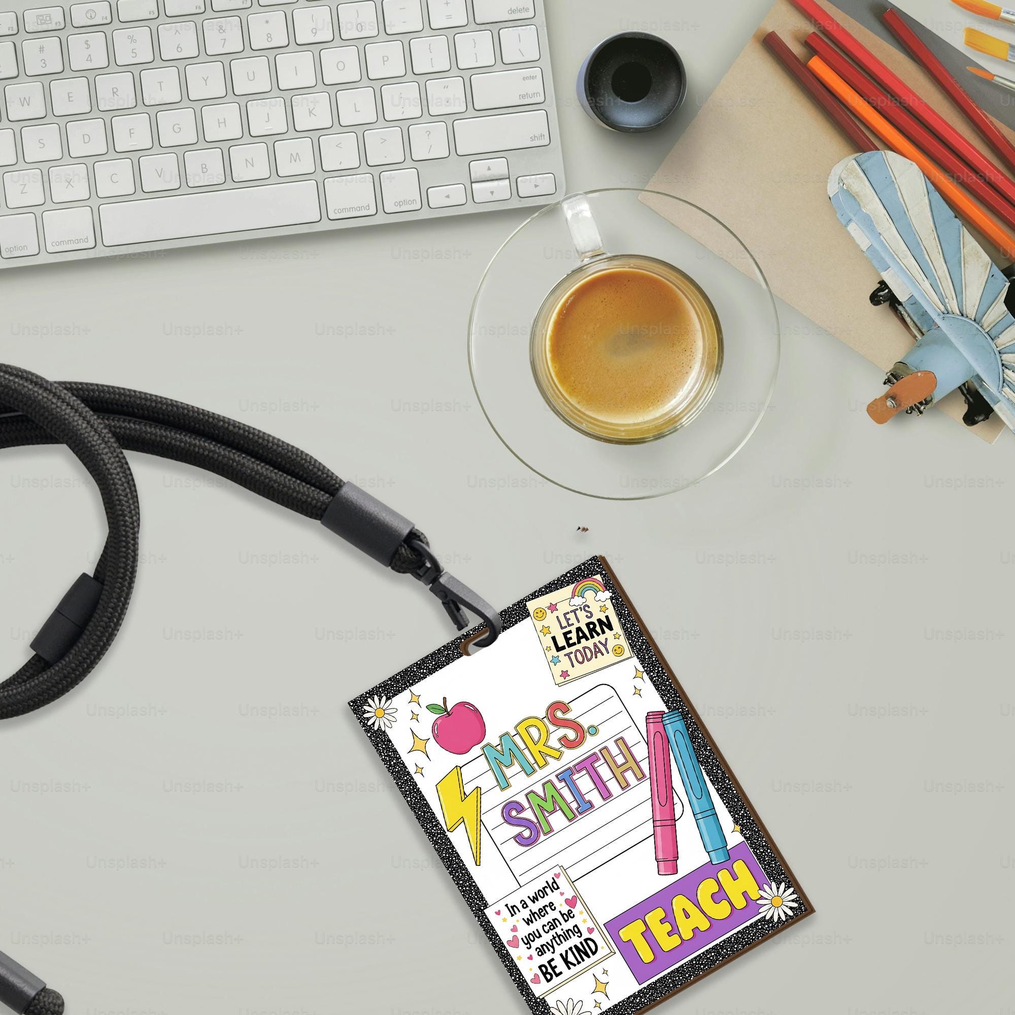 Custom Teacher ID Lanyard Badge – Cute Back to School Lanyard Card with Name, Glitter Border, and Positive Quote – Teacher Gift