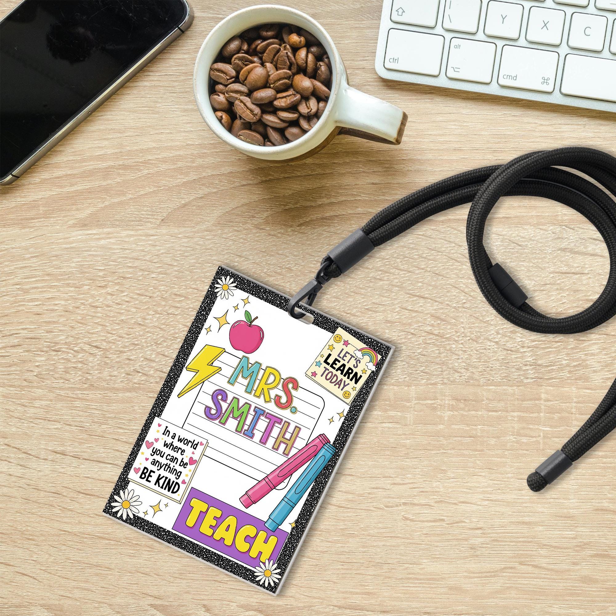 Custom Teacher ID Lanyard Badge – Cute Back to School Lanyard Card with Name, Glitter Border, and Positive Quote – Teacher Gift