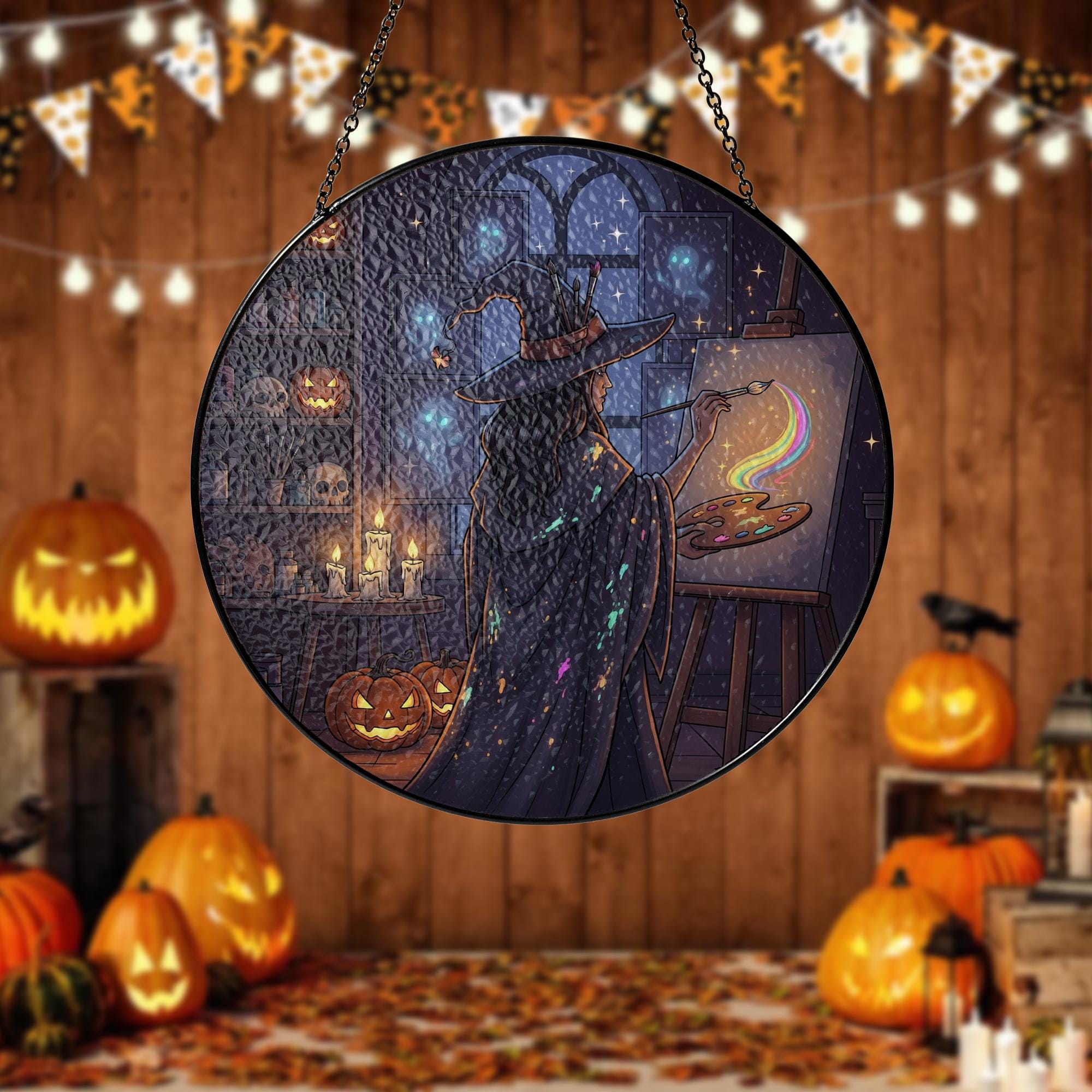 Witch Painting Suncatcher – Halloween Rainbow Art Glass Decor, Spooky Witchy Window Hanging