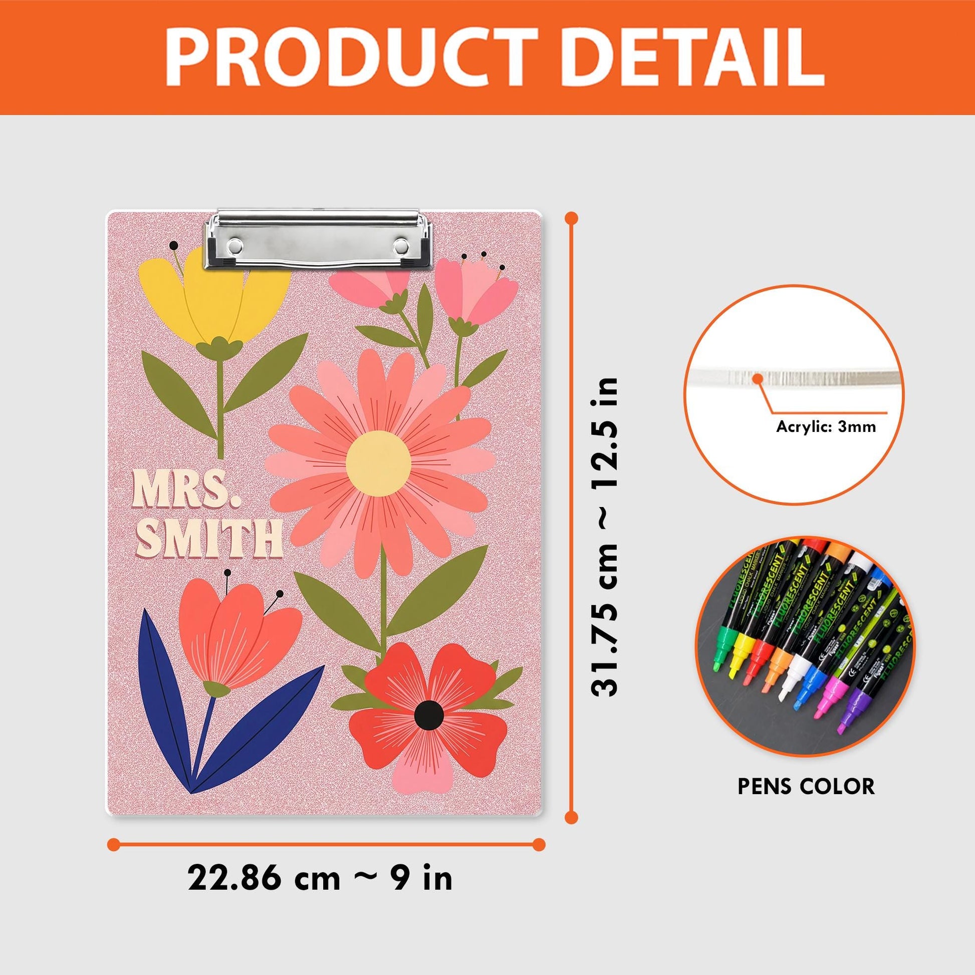 Custom Floral Clipboard, Personalized Teacher Clipboard, Cute Name Clip Board, Pink Faux Glitter Office Gift, Custom Gift for Women