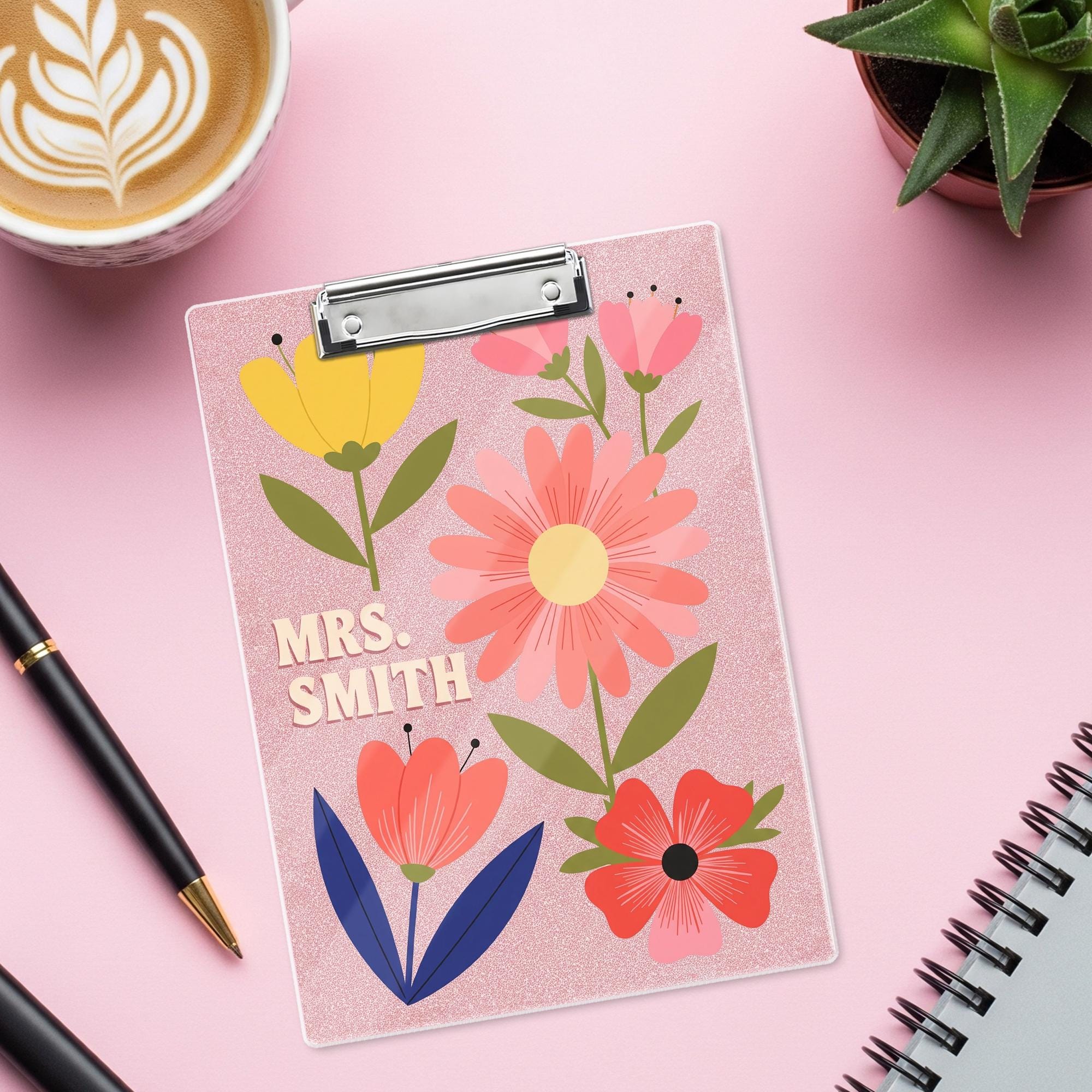 Custom Floral Clipboard, Personalized Teacher Clipboard, Cute Name Clip Board, Pink Faux Glitter Office Gift, Custom Gift for Women