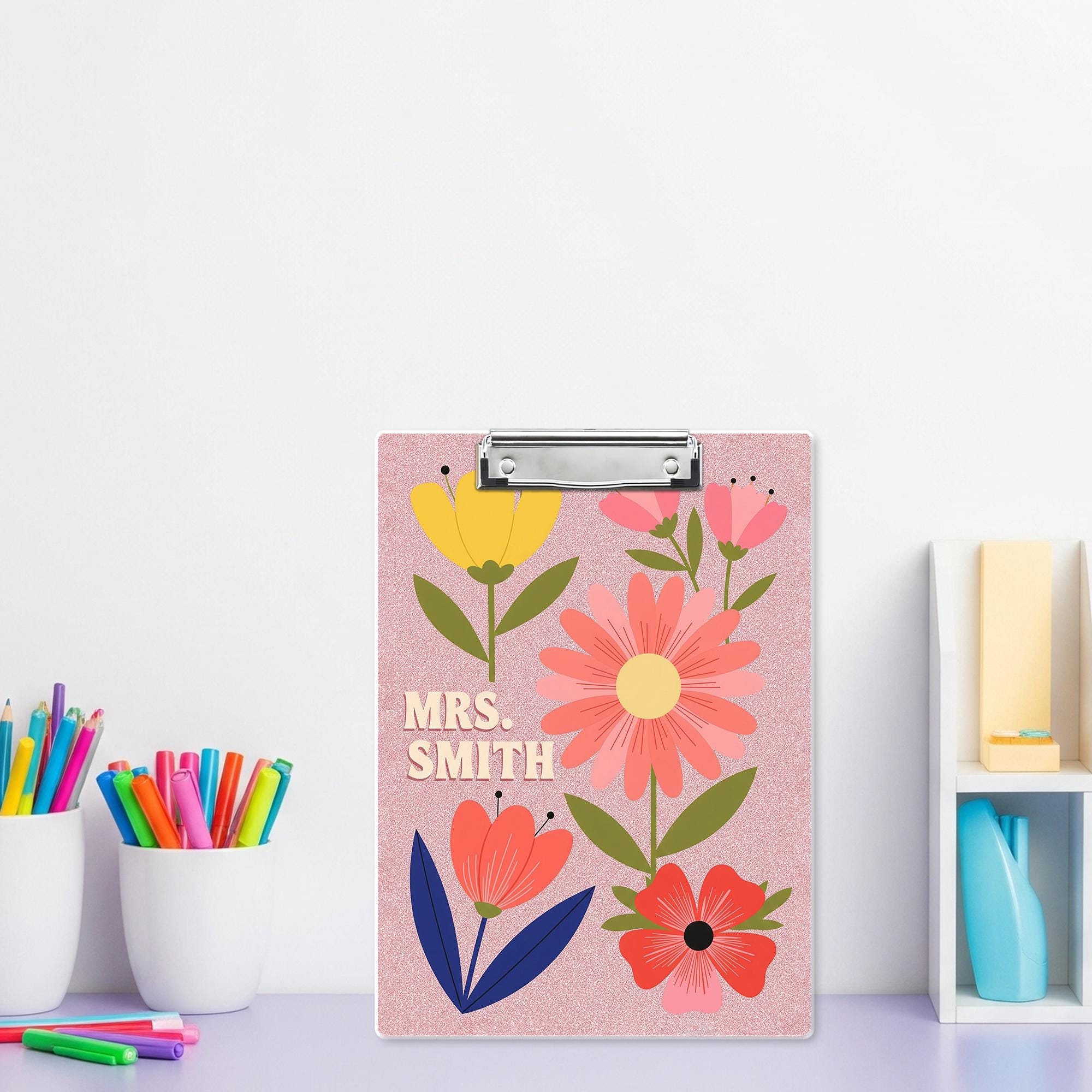 Custom Floral Clipboard, Personalized Teacher Clipboard, Cute Name Clip Board, Pink Faux Glitter Office Gift, Custom Gift for Women