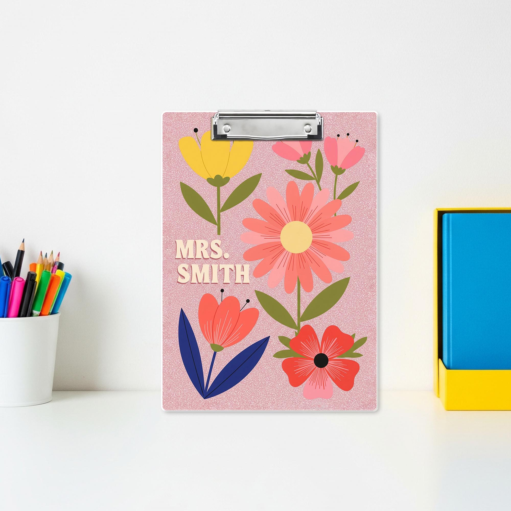 Custom Floral Clipboard, Personalized Teacher Clipboard, Cute Name Clip Board, Pink Faux Glitter Office Gift, Custom Gift for Women
