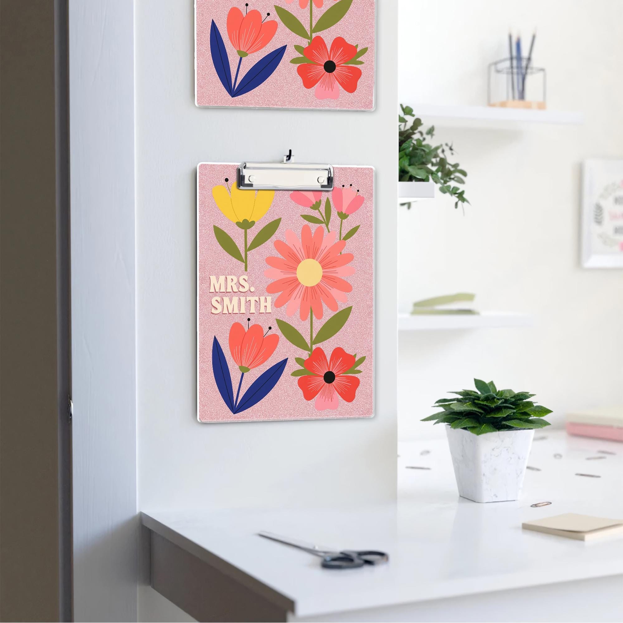 Custom Floral Clipboard, Personalized Teacher Clipboard, Cute Name Clip Board, Pink Faux Glitter Office Gift, Custom Gift for Women