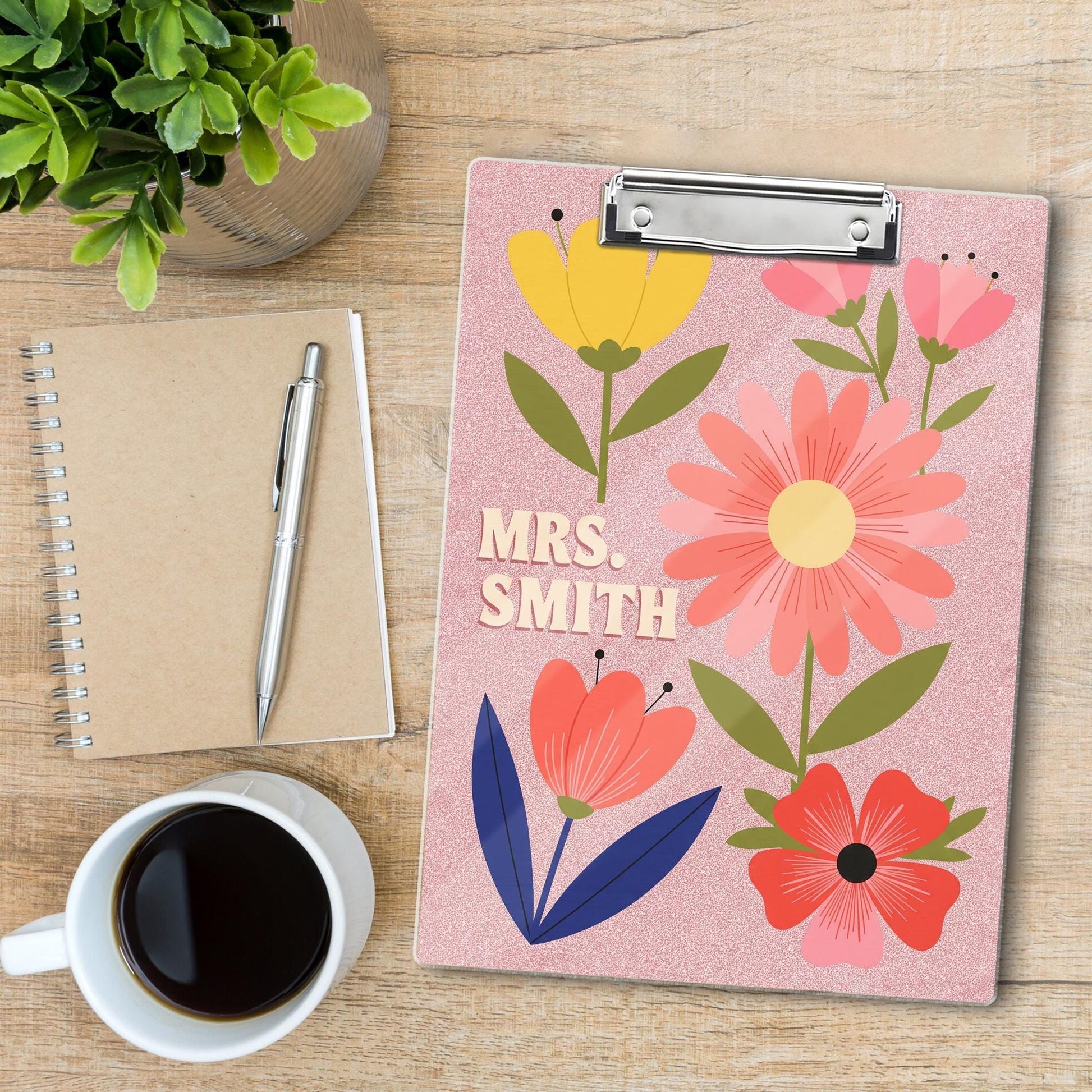 Custom Floral Clipboard, Personalized Teacher Clipboard, Cute Name Clip Board, Pink Faux Glitter Office Gift, Custom Gift for Women