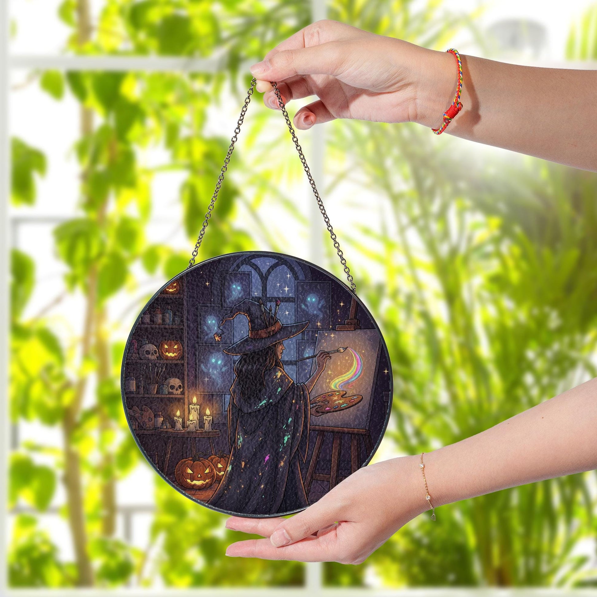 Witch Painting Suncatcher – Halloween Rainbow Art Glass Decor, Spooky Witchy Window Hanging