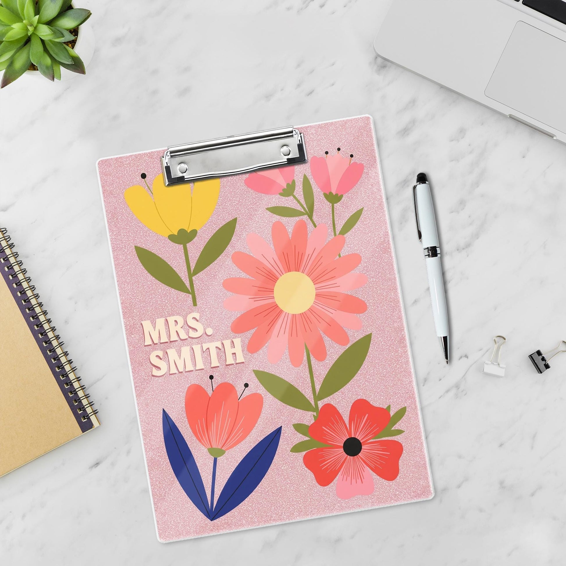 Custom Floral Clipboard, Personalized Teacher Clipboard, Cute Name Clip Board, Pink Faux Glitter Office Gift, Custom Gift for Women