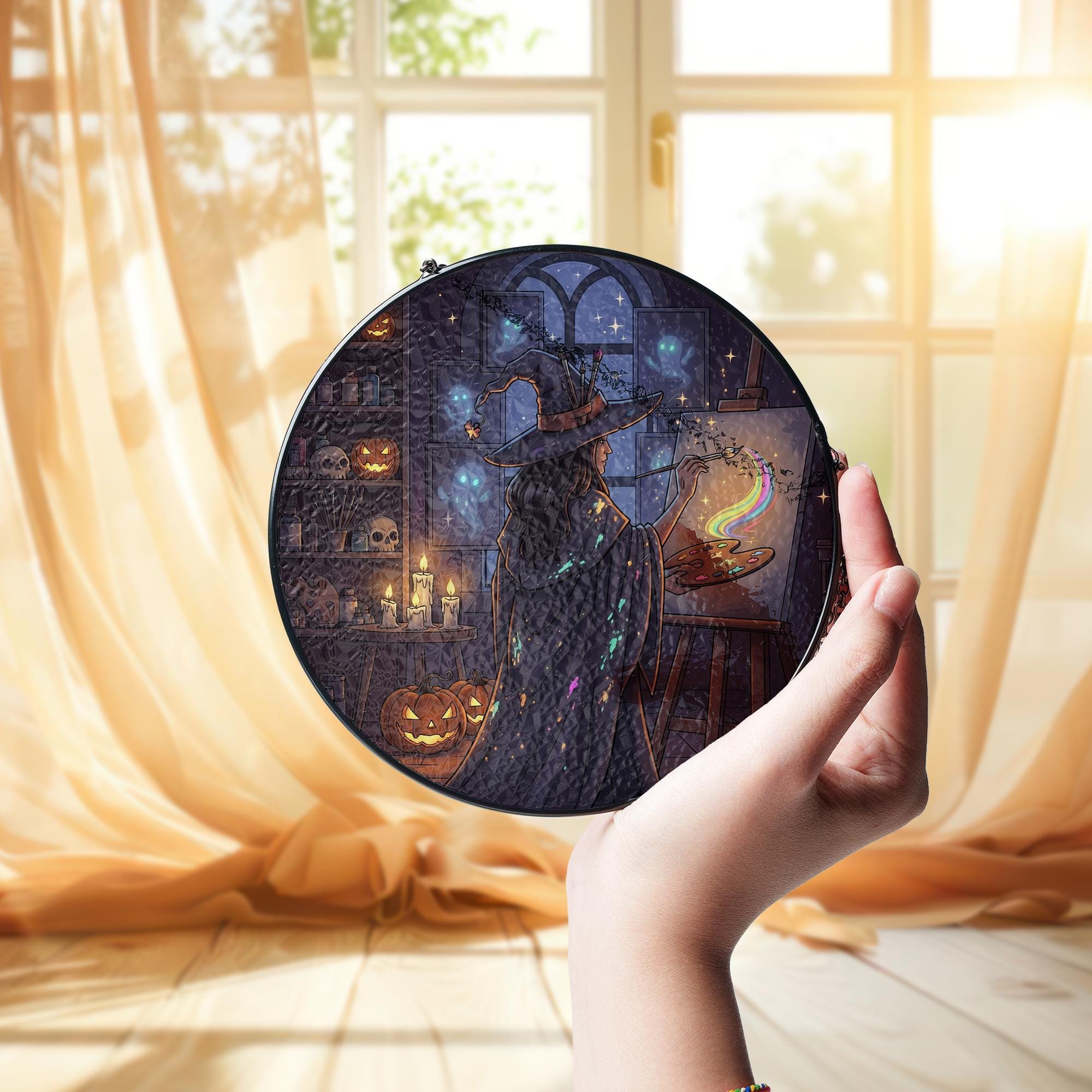 Witch Painting Suncatcher – Halloween Rainbow Art Glass Decor, Spooky Witchy Window Hanging