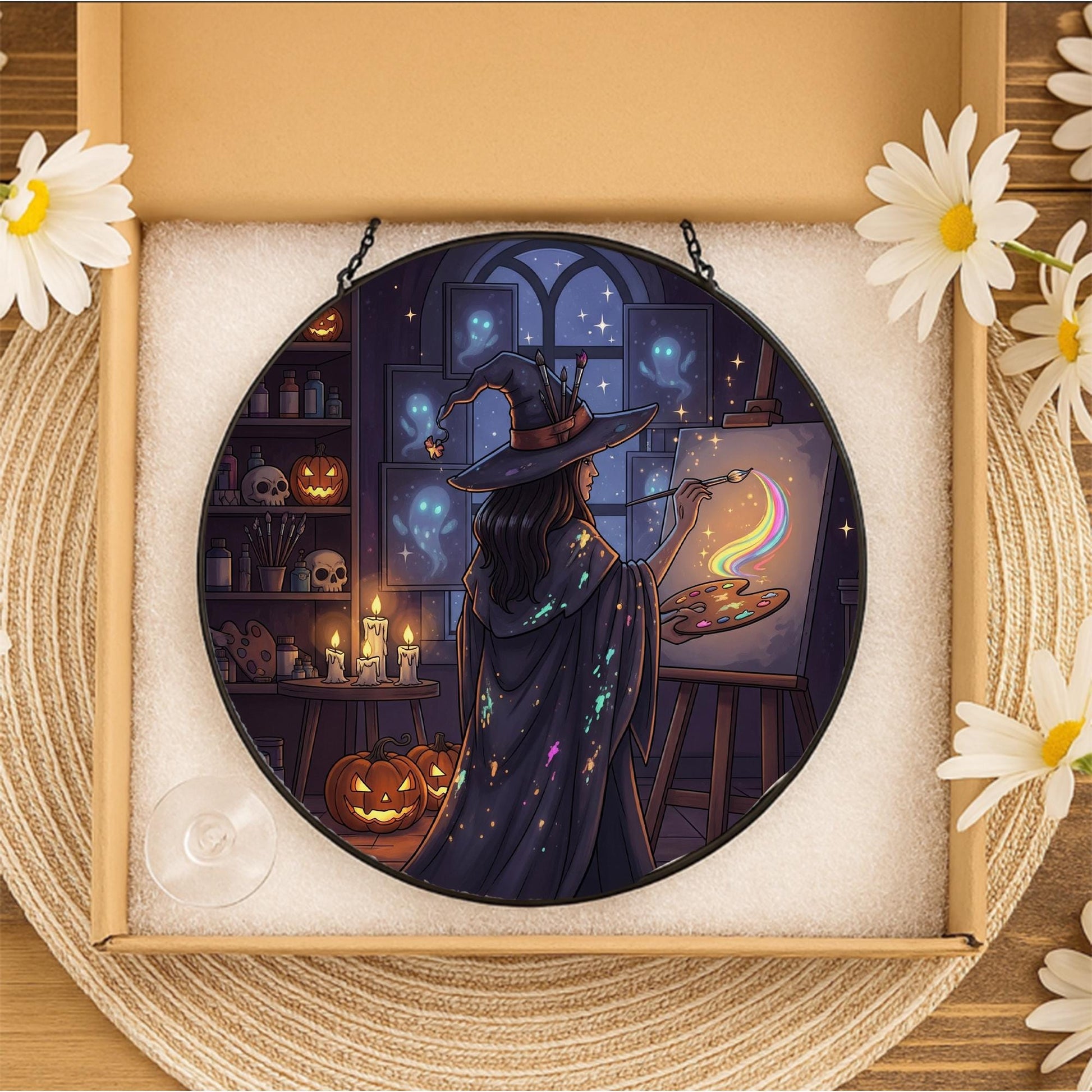 Witch Painting Suncatcher – Halloween Rainbow Art Glass Decor, Spooky Witchy Window Hanging