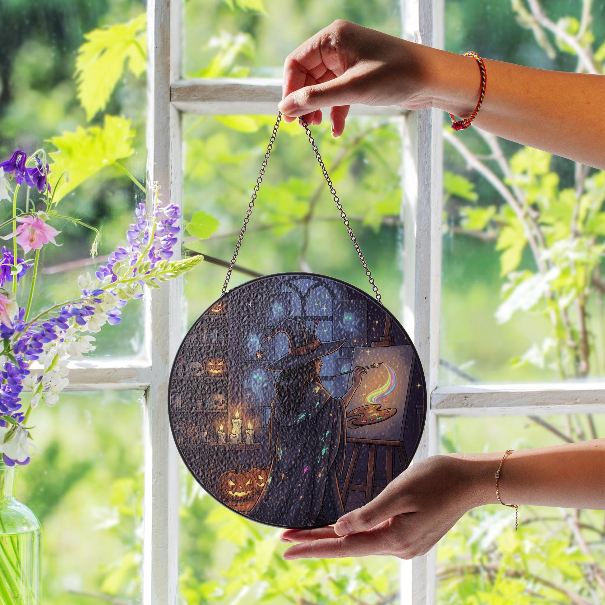 Witch Painting Suncatcher – Halloween Rainbow Art Glass Decor, Spooky Witchy Window Hanging