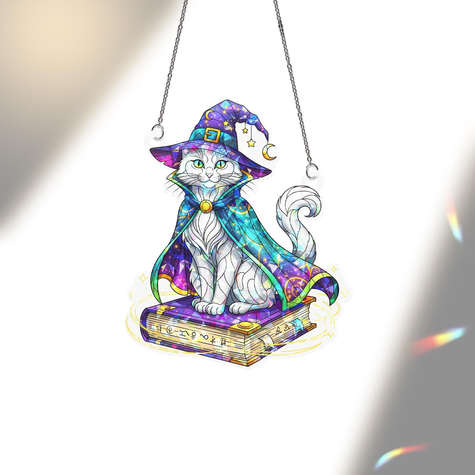 Wizard Cat Suncatcher – Magical Halloween Window Decor, Witchy Kitty on Spellbook Art Glass