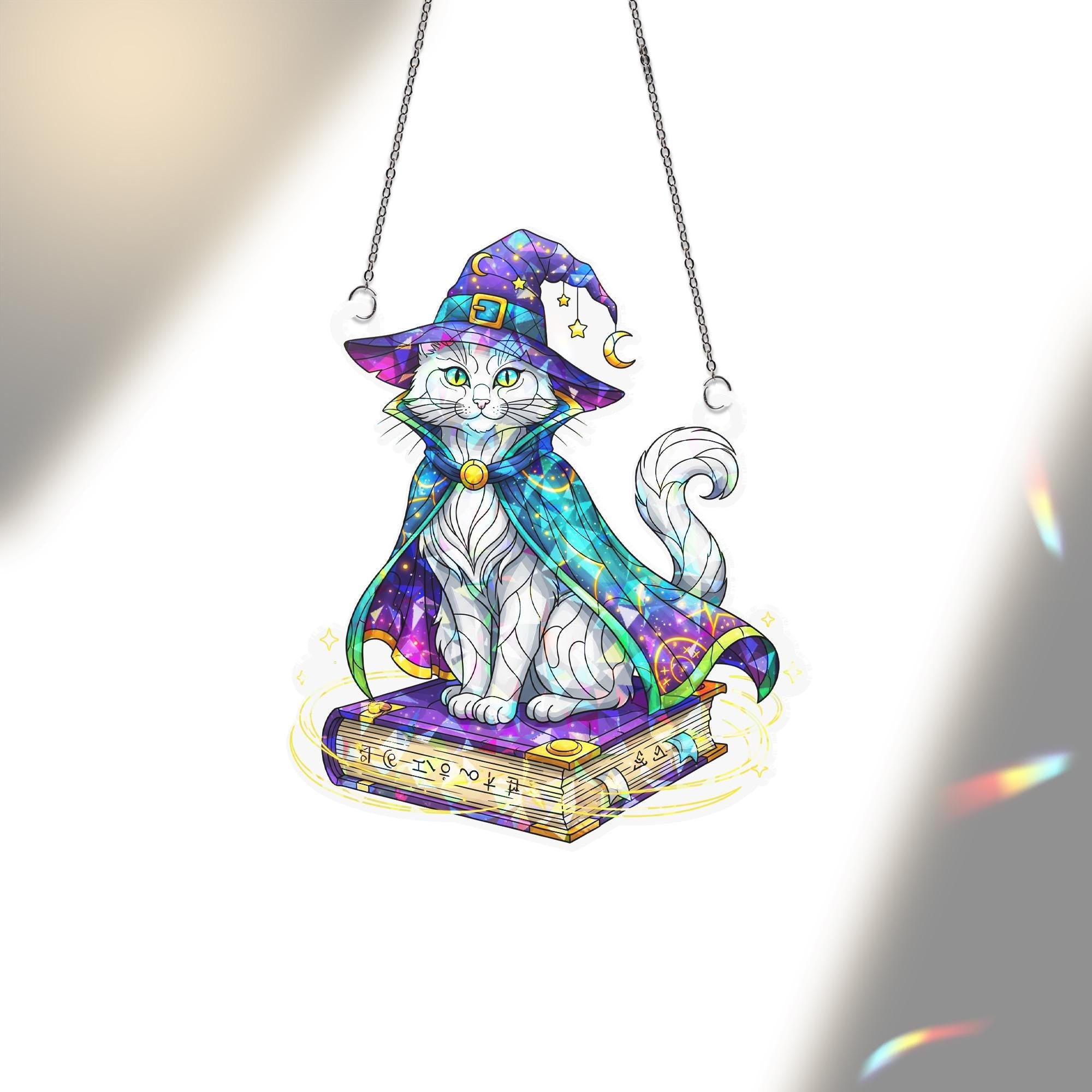 Wizard Cat Suncatcher – Magical Halloween Window Decor, Witchy Kitty on Spellbook Art Glass
