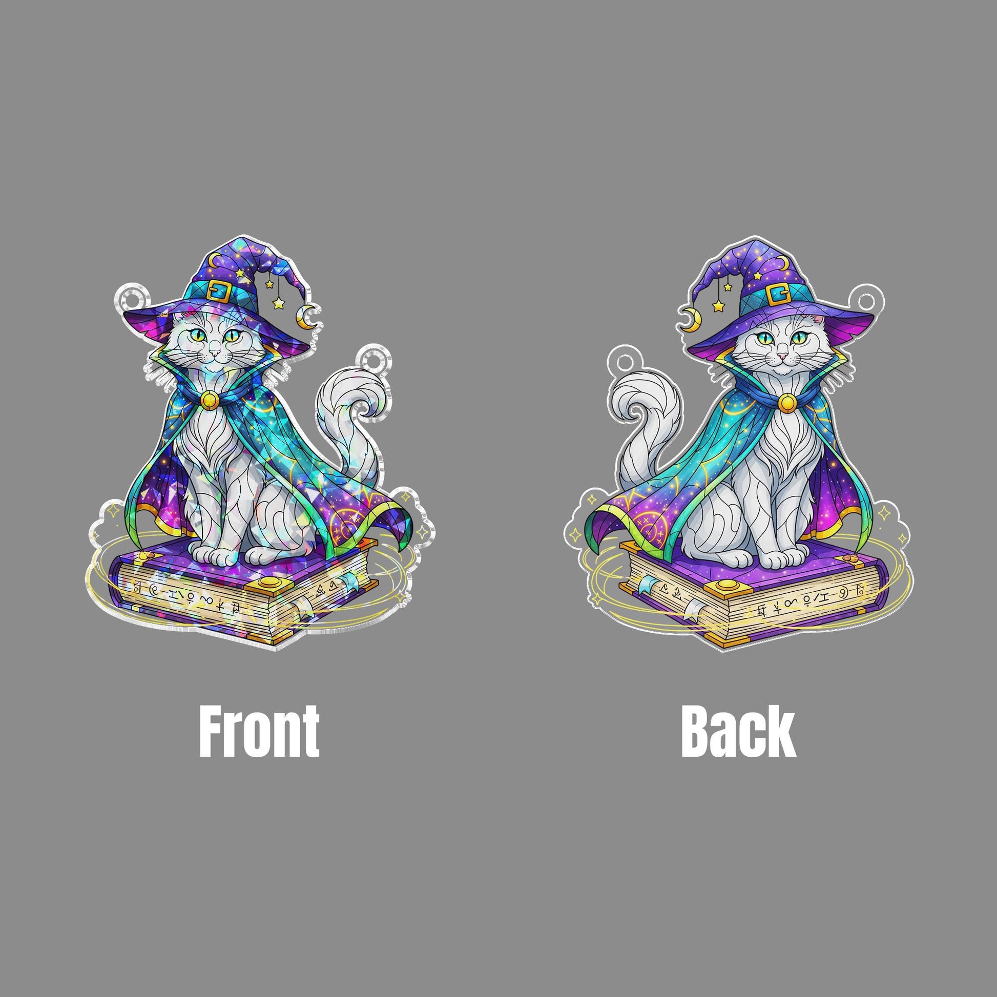 Wizard Cat Suncatcher – Magical Halloween Window Decor, Witchy Kitty on Spellbook Art Glass