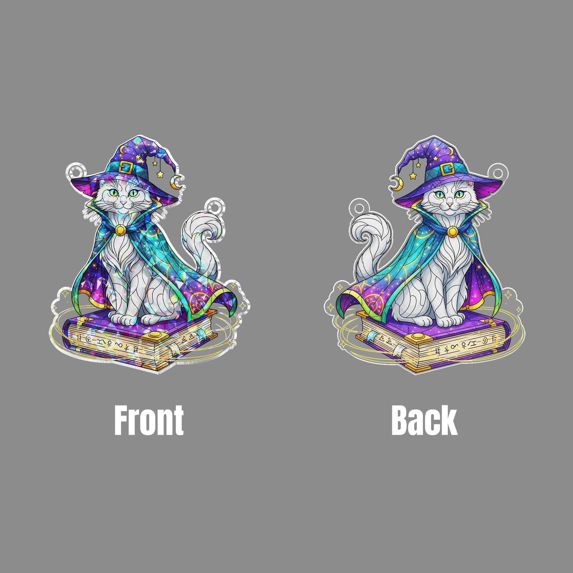 Wizard Cat Suncatcher – Magical Halloween Window Decor, Witchy Kitty on Spellbook Art Glass