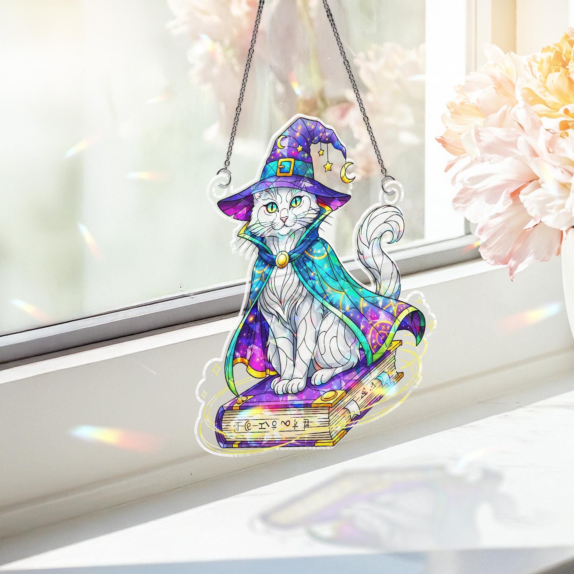 Wizard Cat Suncatcher – Magical Halloween Window Decor, Witchy Kitty on Spellbook Art Glass