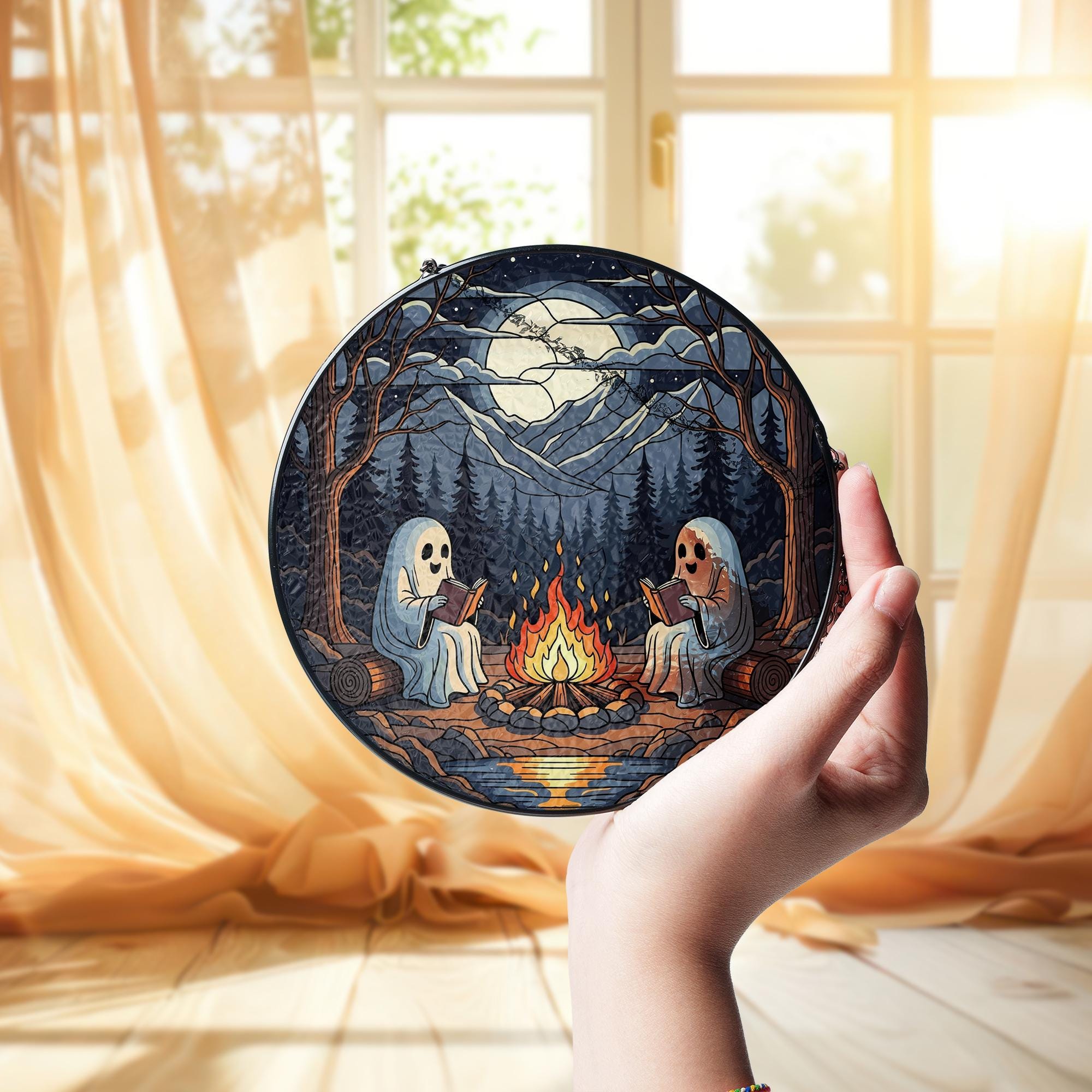 Spooky Ghost Campfire Stained Glass Art, Halloween Decor, Cottagecore Nature Lover Gift, Woodland Forest Moon Night Light