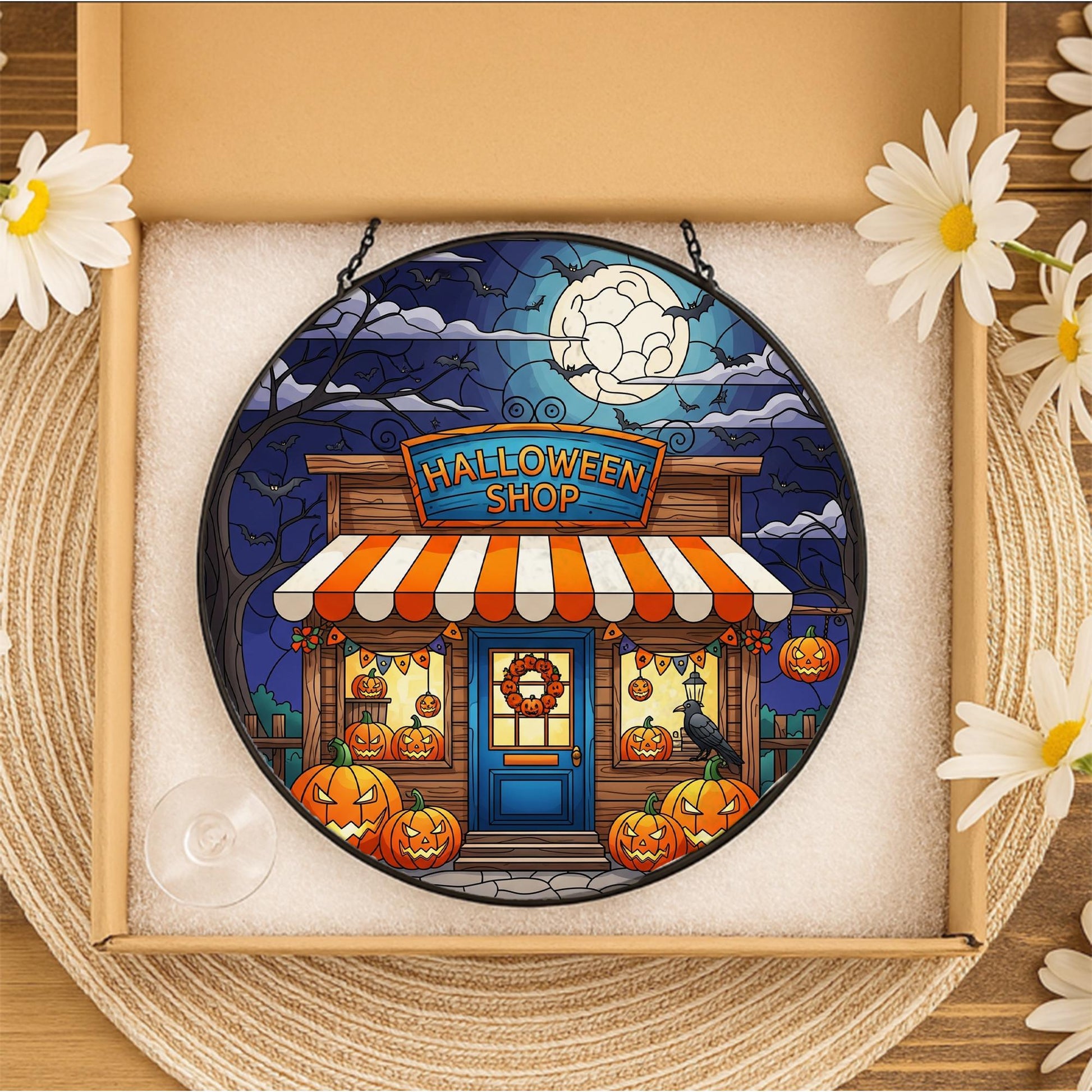 Halloween Shop Stained Glass Art, Spooky Storefront Decor, Pumpkin Home Accent, Autumn Fall Window Hanging