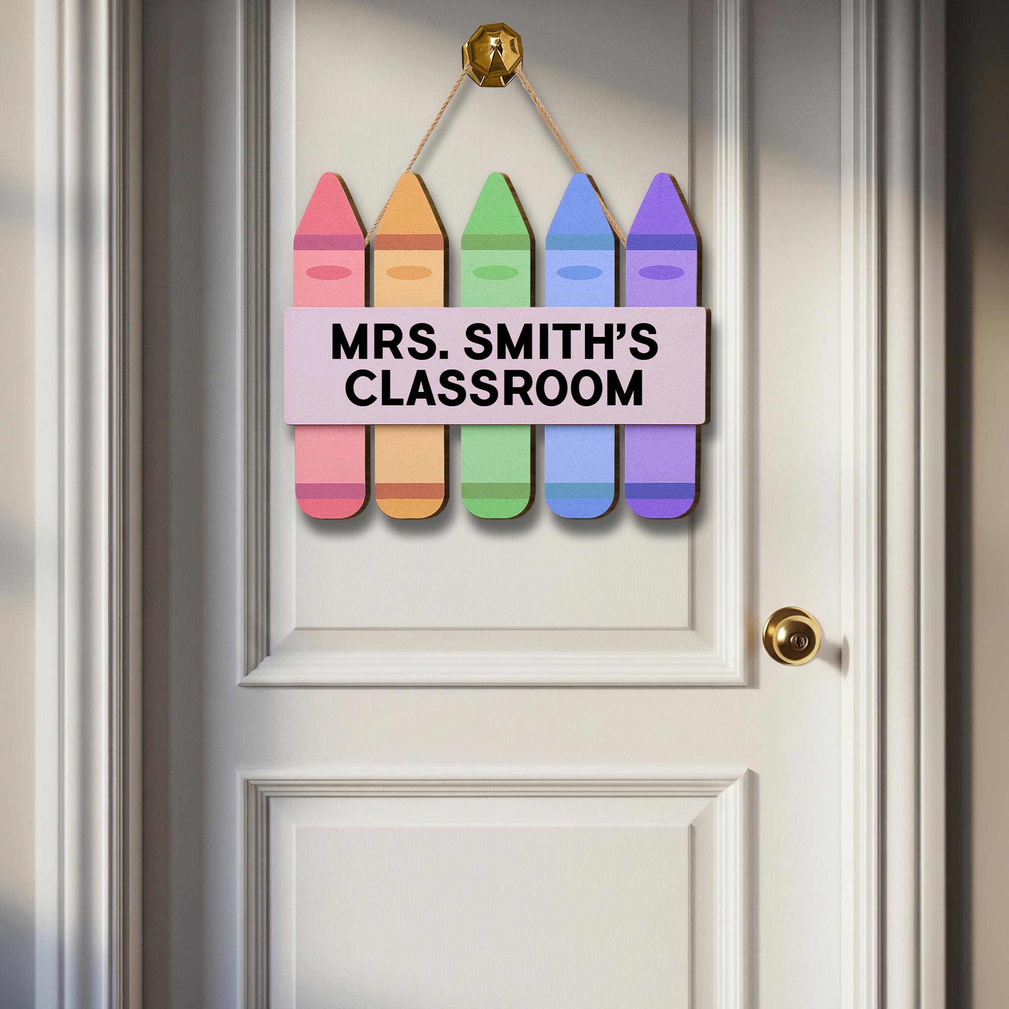 Personalized Teacher Classroom Door Sign – Rainbow Crayon Hanging Sign with Custom Name – Back to School Classroom Decor Gift