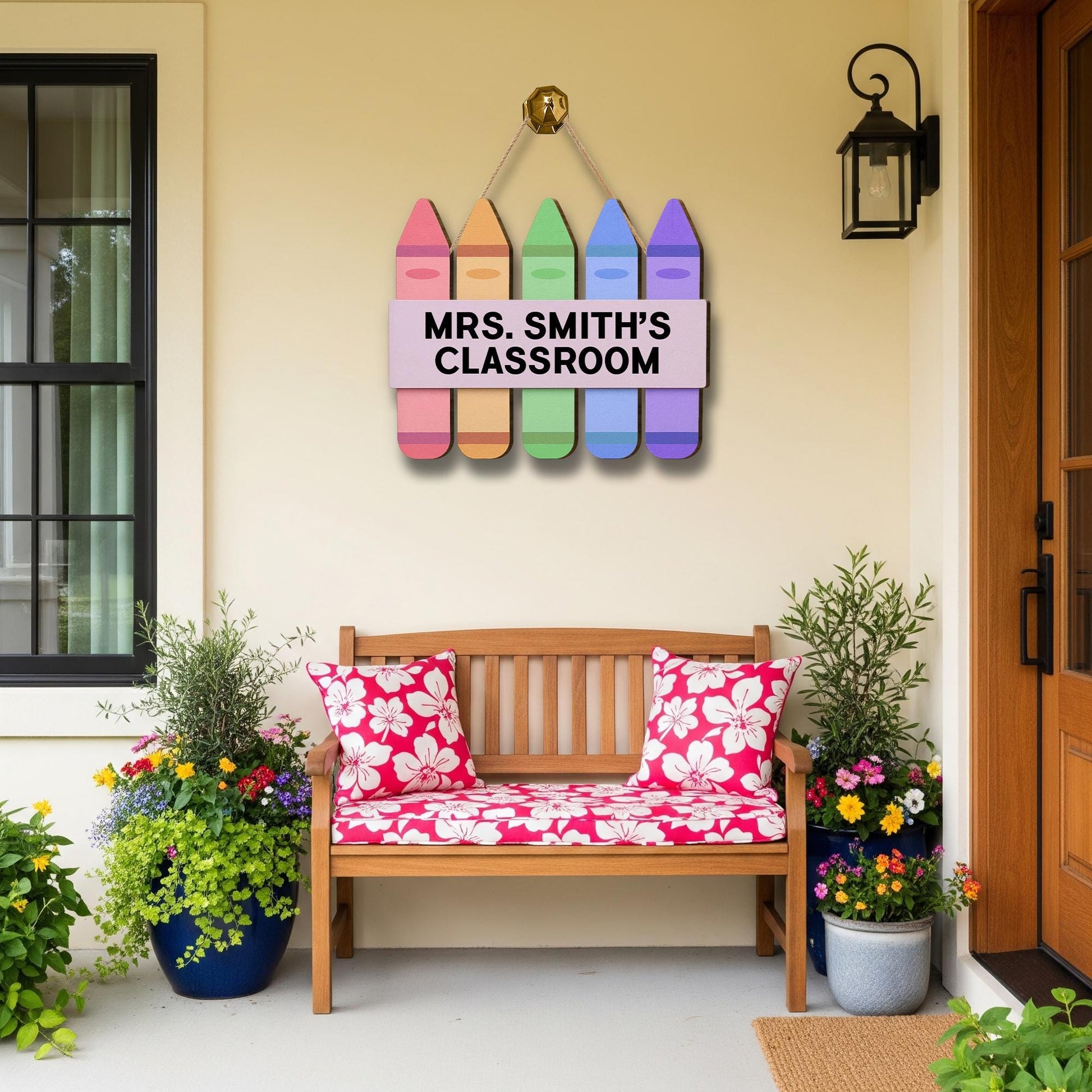 Personalized Teacher Classroom Door Sign – Rainbow Crayon Hanging Sign with Custom Name – Back to School Classroom Decor Gift