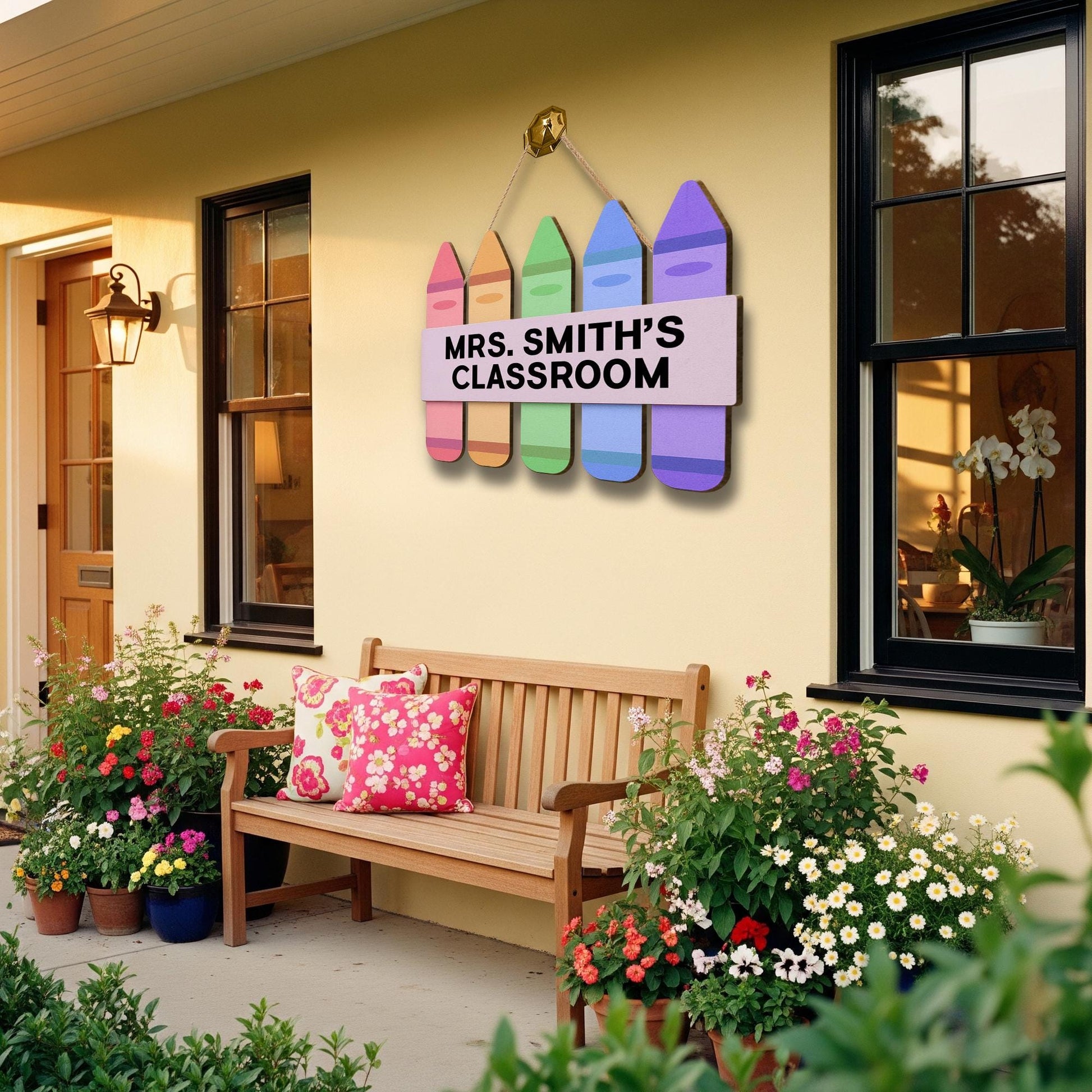 Personalized Teacher Classroom Door Sign – Rainbow Crayon Hanging Sign with Custom Name – Back to School Classroom Decor Gift