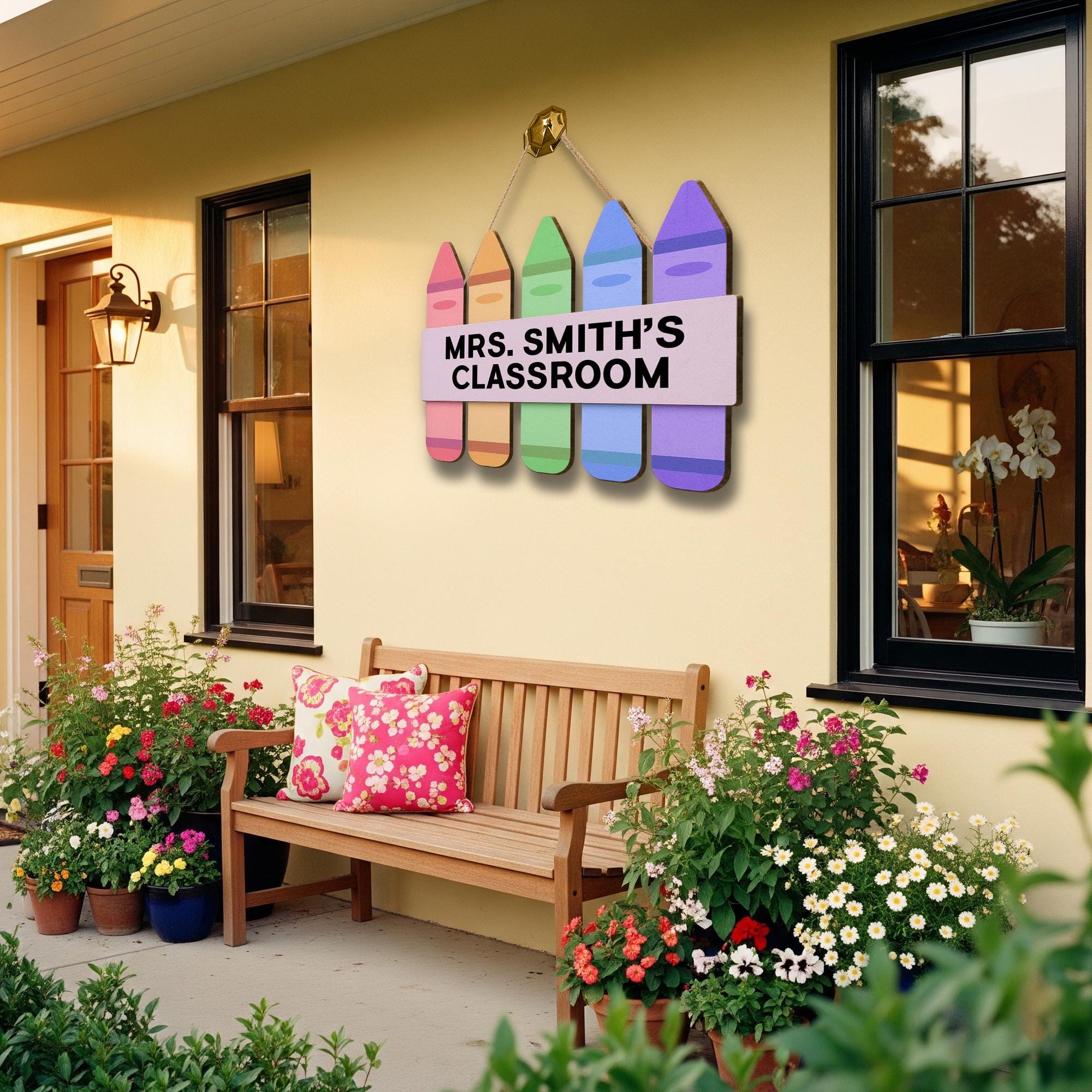 Personalized Teacher Classroom Door Sign – Rainbow Crayon Hanging Sign with Custom Name – Back to School Classroom Decor Gift