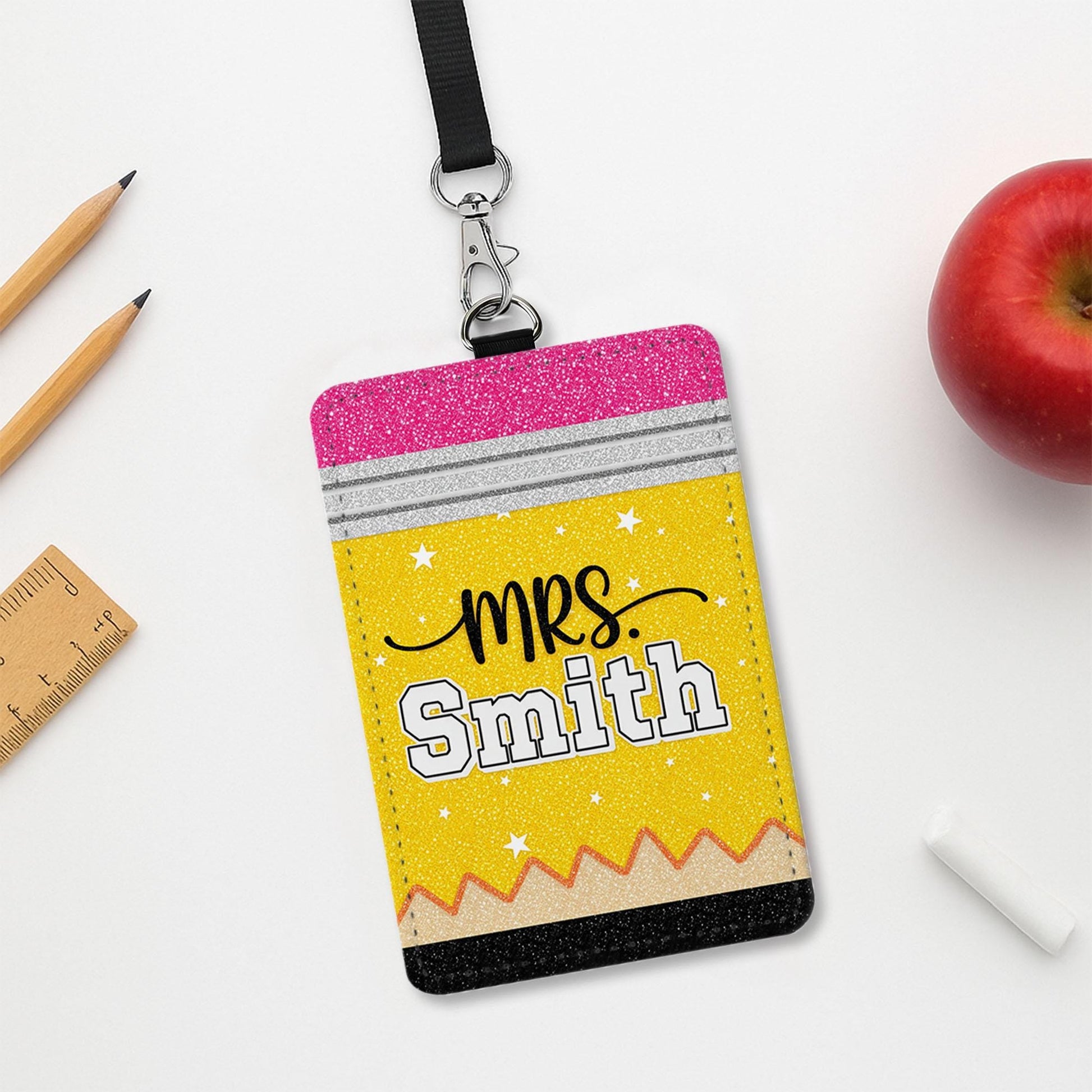Personalized Teacher Leather Badge Holder, Cute Custom ID Tag with Rainbow and Name, Fun Lanyard Accessory, Unique Teacher Gift Idea