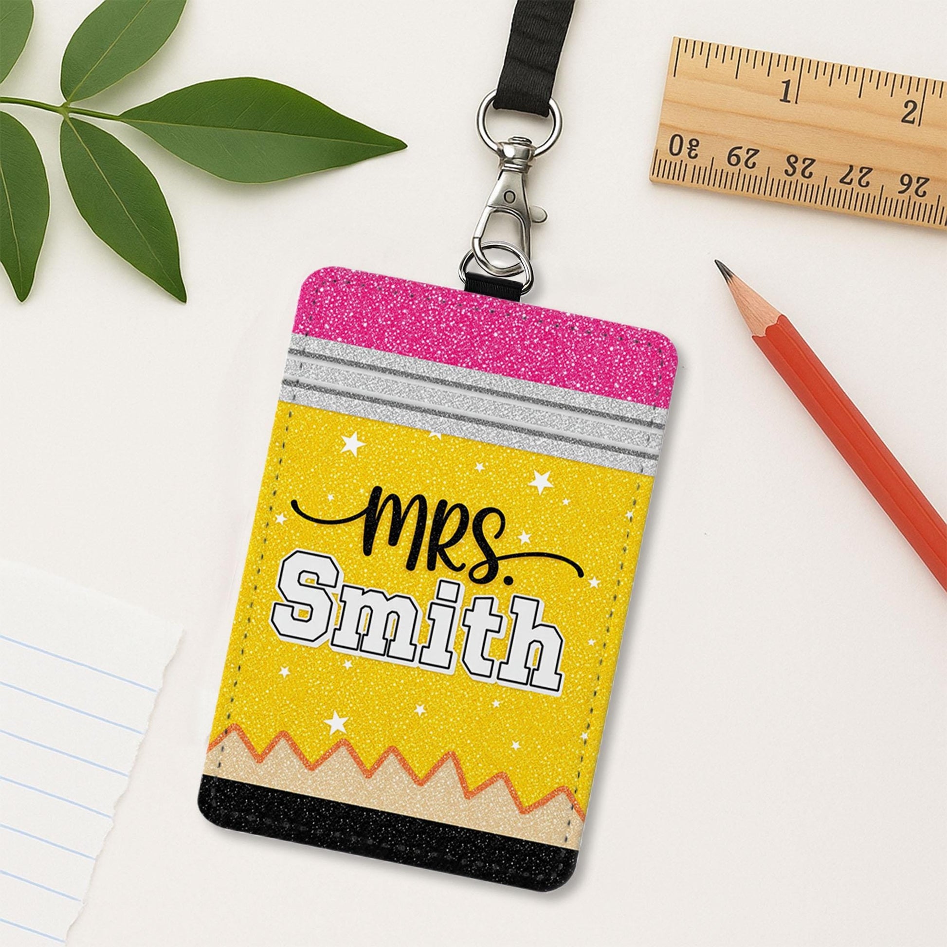 Personalized Teacher Leather Badge Holder, Cute Custom ID Tag with Rainbow and Name, Fun Lanyard Accessory, Unique Teacher Gift Idea