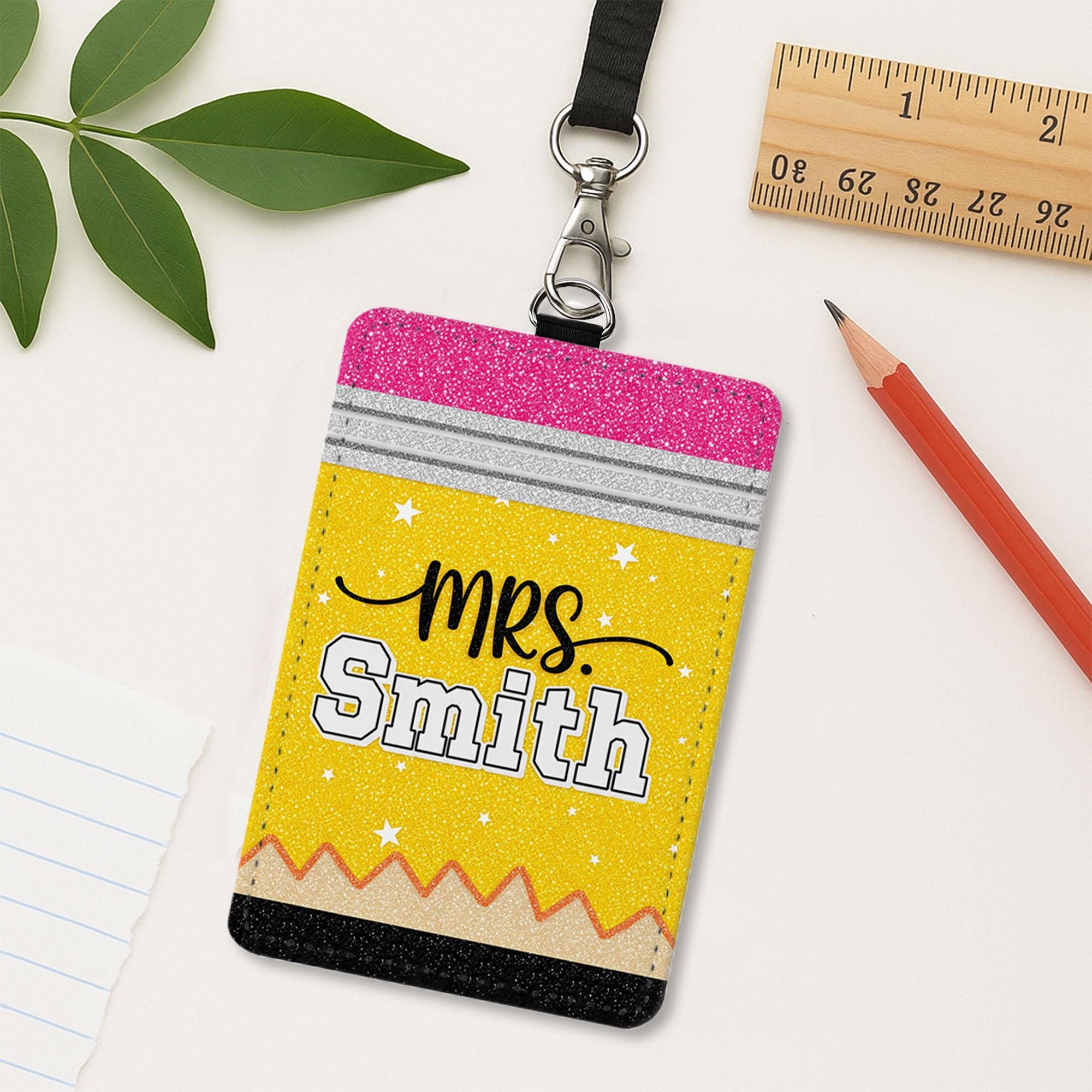 Personalized Teacher Leather Badge Holder, Cute Custom ID Tag with Rainbow and Name, Fun Lanyard Accessory, Unique Teacher Gift Idea