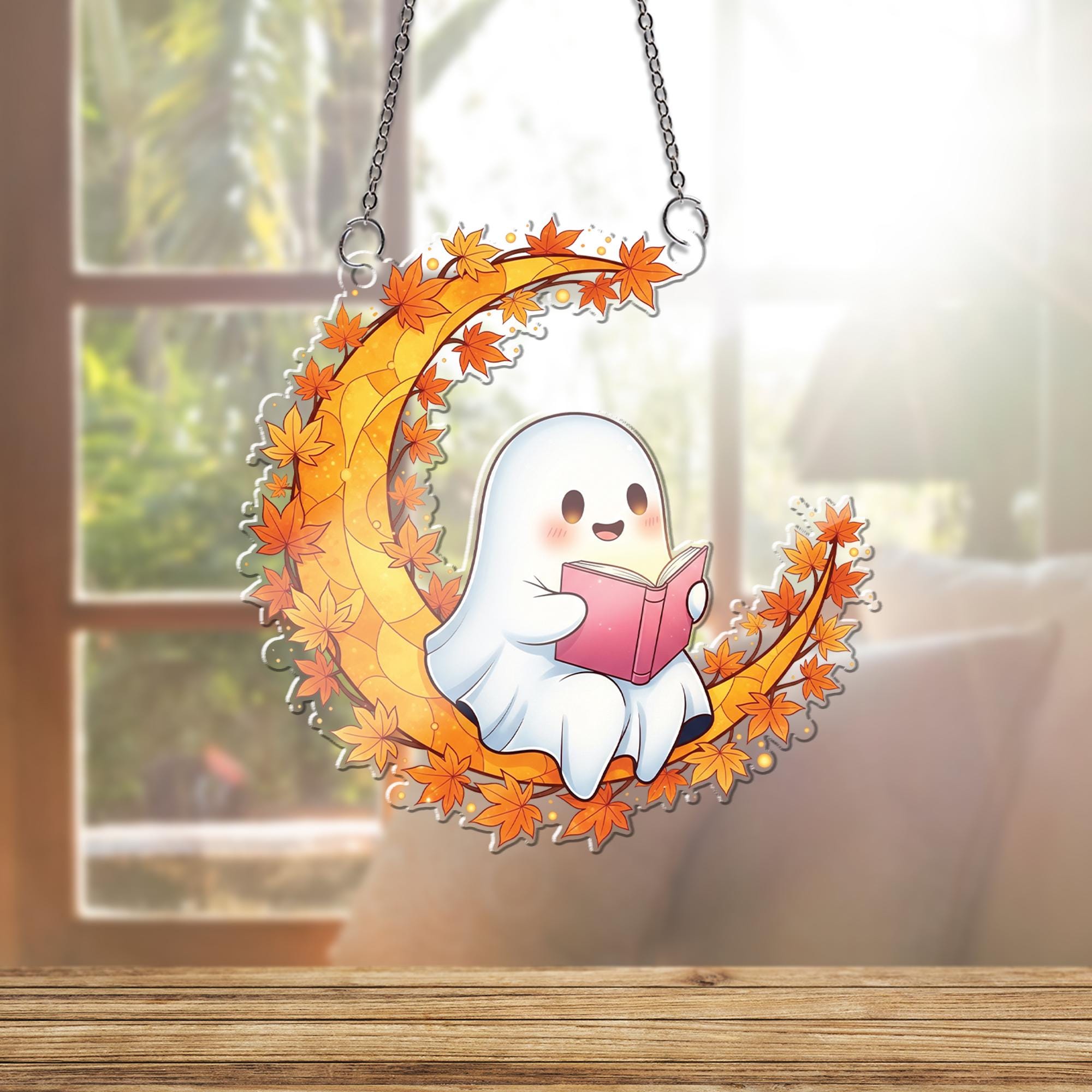 Adorable Ghost Reading Moon Suncatcher, Autumn Maple Leaf Decor, Halloween Window Hanging, Cozy Fall Gift