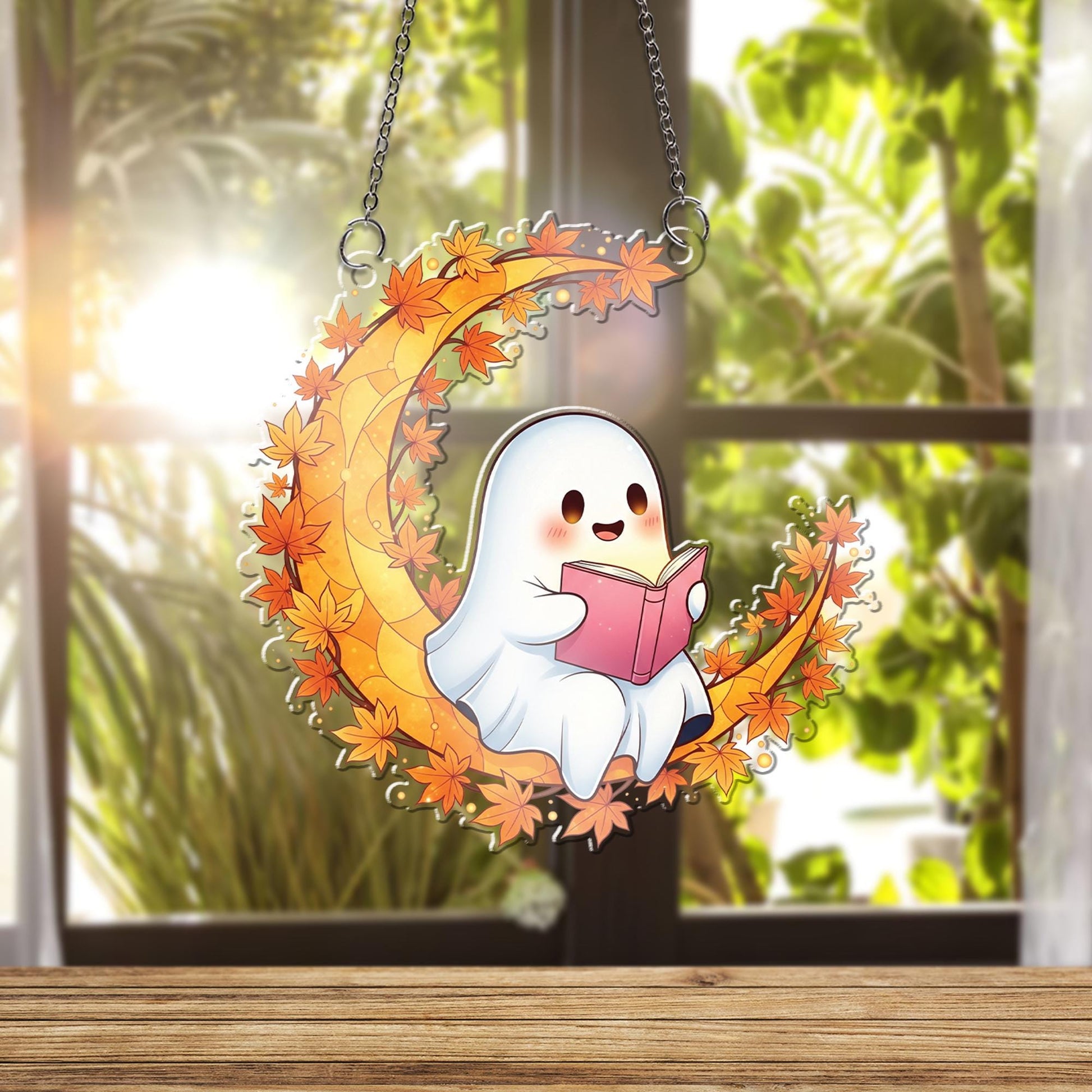 Adorable Ghost Reading Moon Suncatcher, Autumn Maple Leaf Decor, Halloween Window Hanging, Cozy Fall Gift