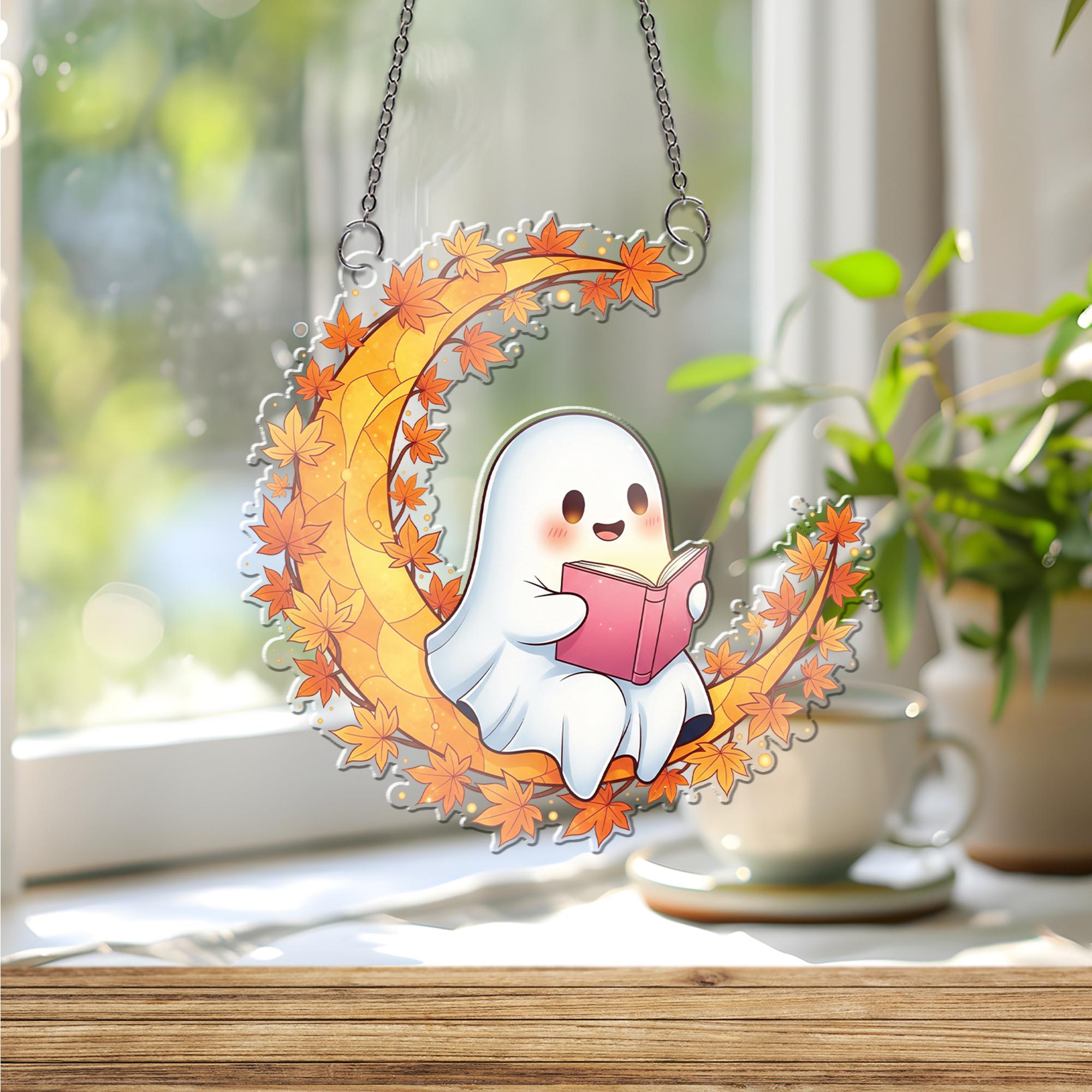 Adorable Ghost Reading Moon Suncatcher, Autumn Maple Leaf Decor, Halloween Window Hanging, Cozy Fall Gift