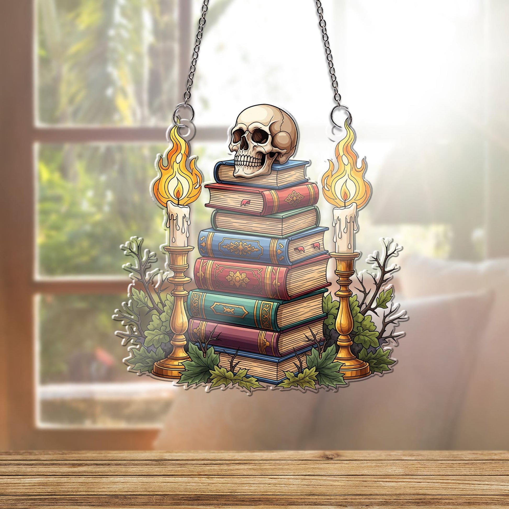Gothic Skull & Books Suncatcher, Dark Academia Decor, Halloween Window Art, Spooky Home Accent