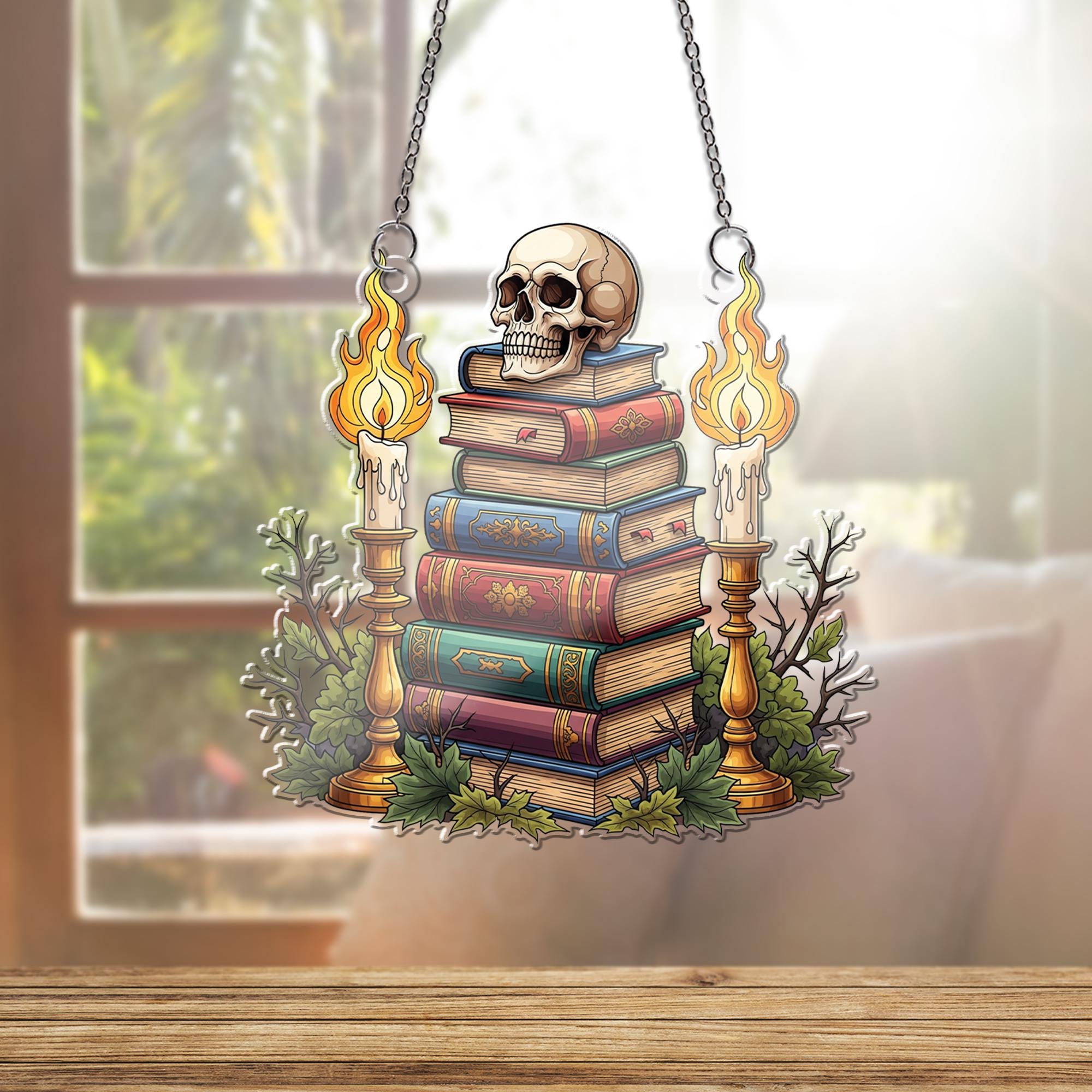 Gothic Skull & Books Suncatcher, Dark Academia Decor, Halloween Window Art, Spooky Home Accent