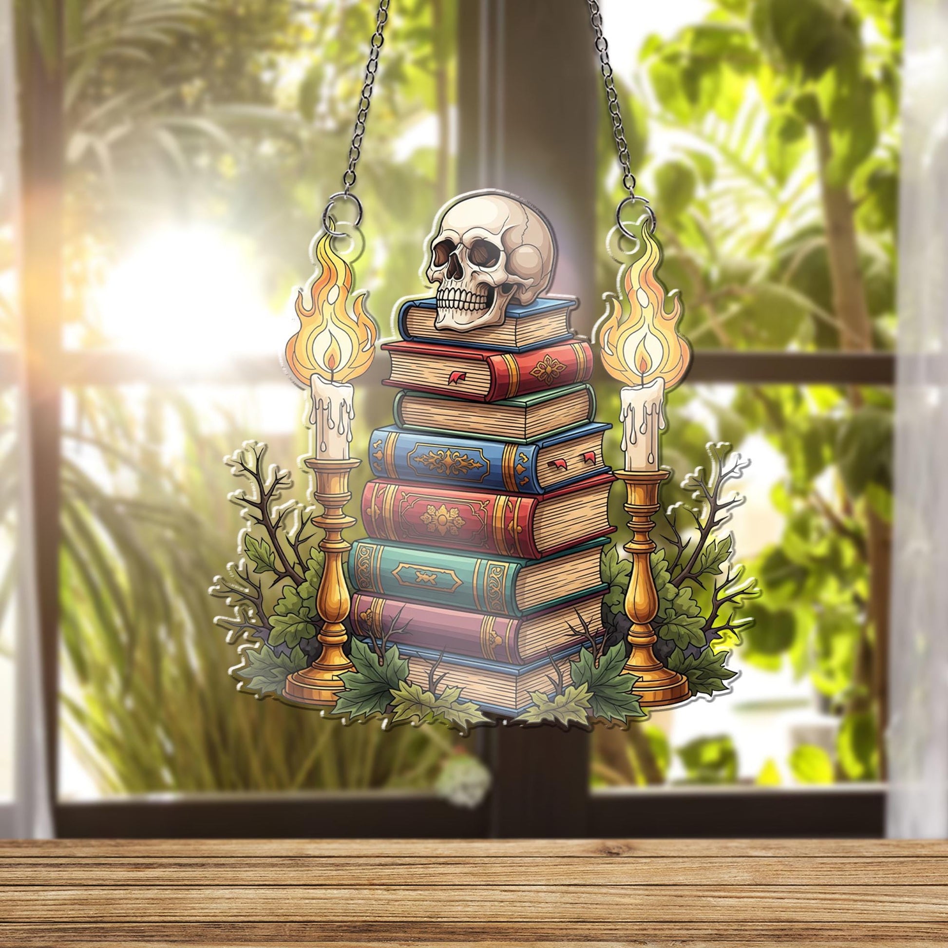 Gothic Skull & Books Suncatcher, Dark Academia Decor, Halloween Window Art, Spooky Home Accent
