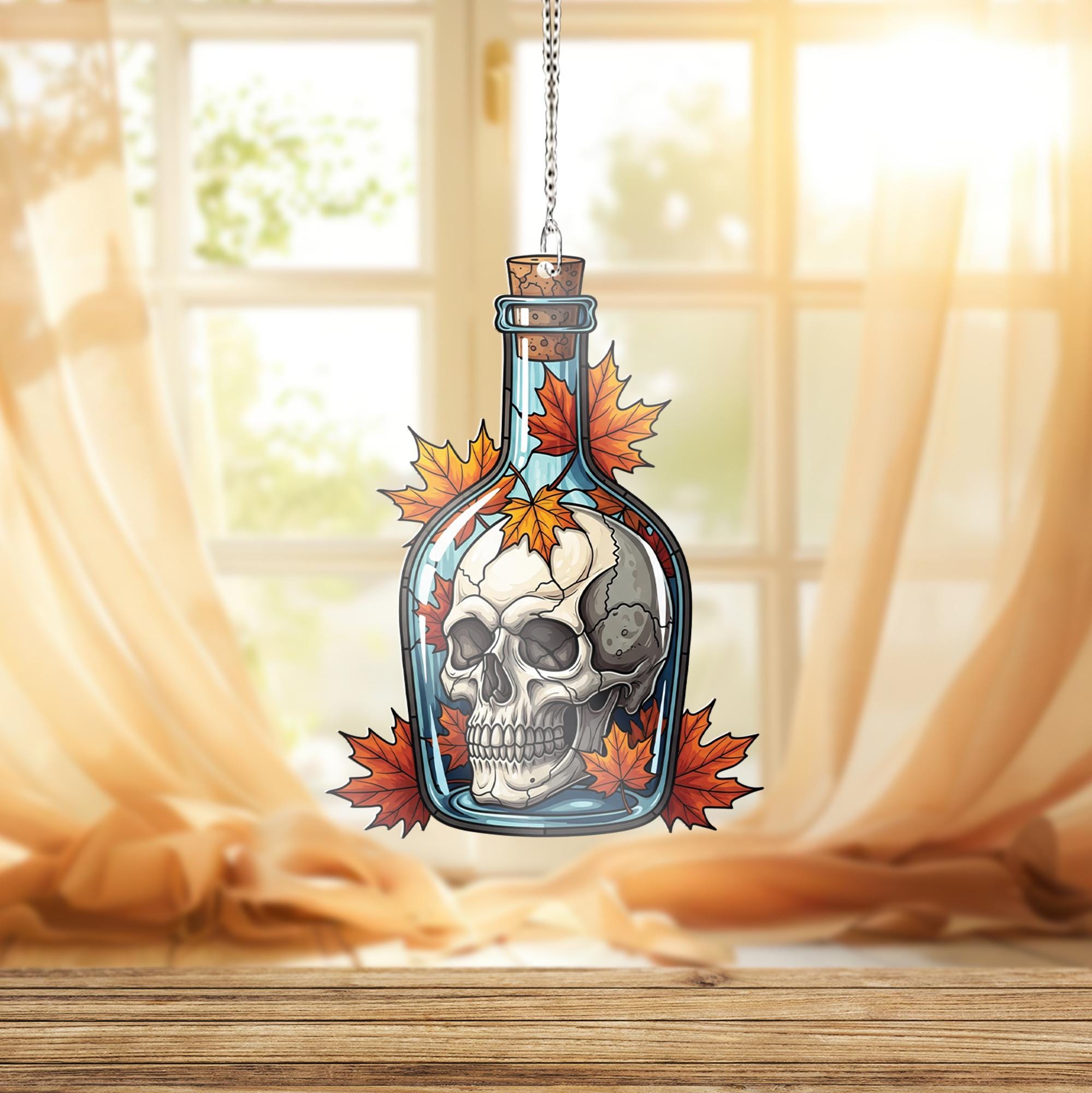 Spooky Skull in Bottle Suncatcher, Autumn Maple Leaf Decor, Halloween Window Hanging, Gothic Home Accent