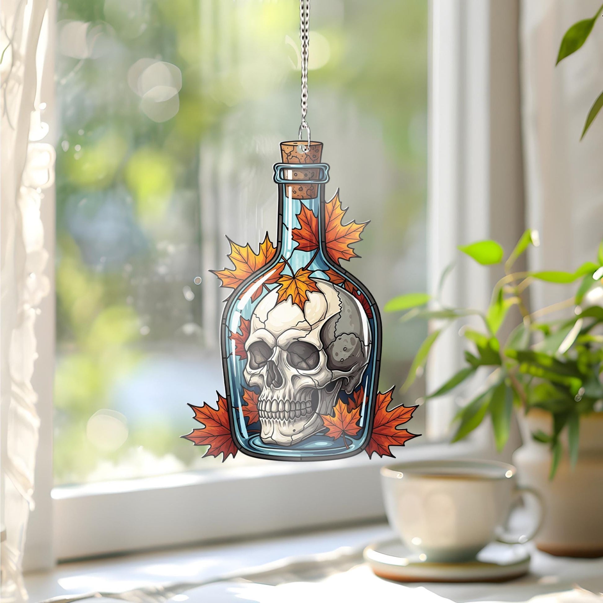 Spooky Skull in Bottle Suncatcher, Autumn Maple Leaf Decor, Halloween Window Hanging, Gothic Home Accent