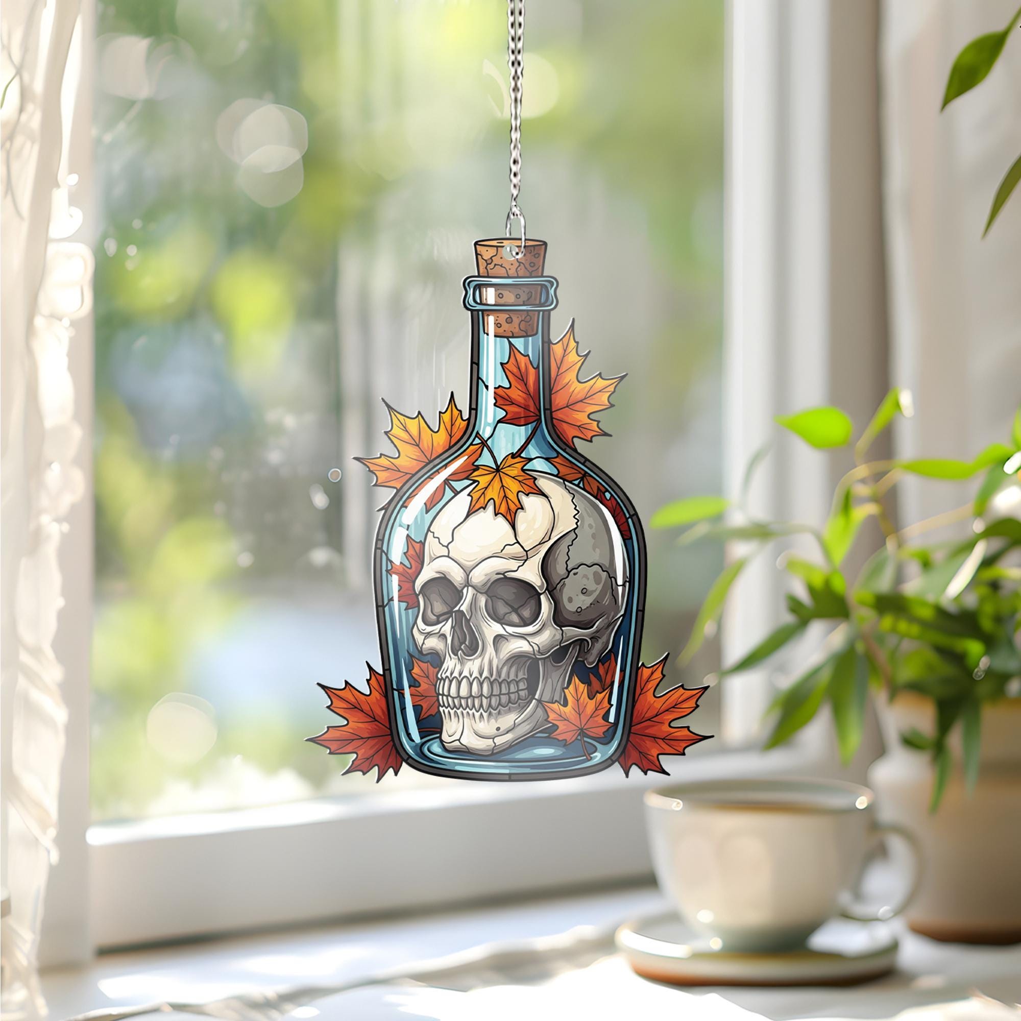 Spooky Skull in Bottle Suncatcher, Autumn Maple Leaf Decor, Halloween Window Hanging, Gothic Home Accent
