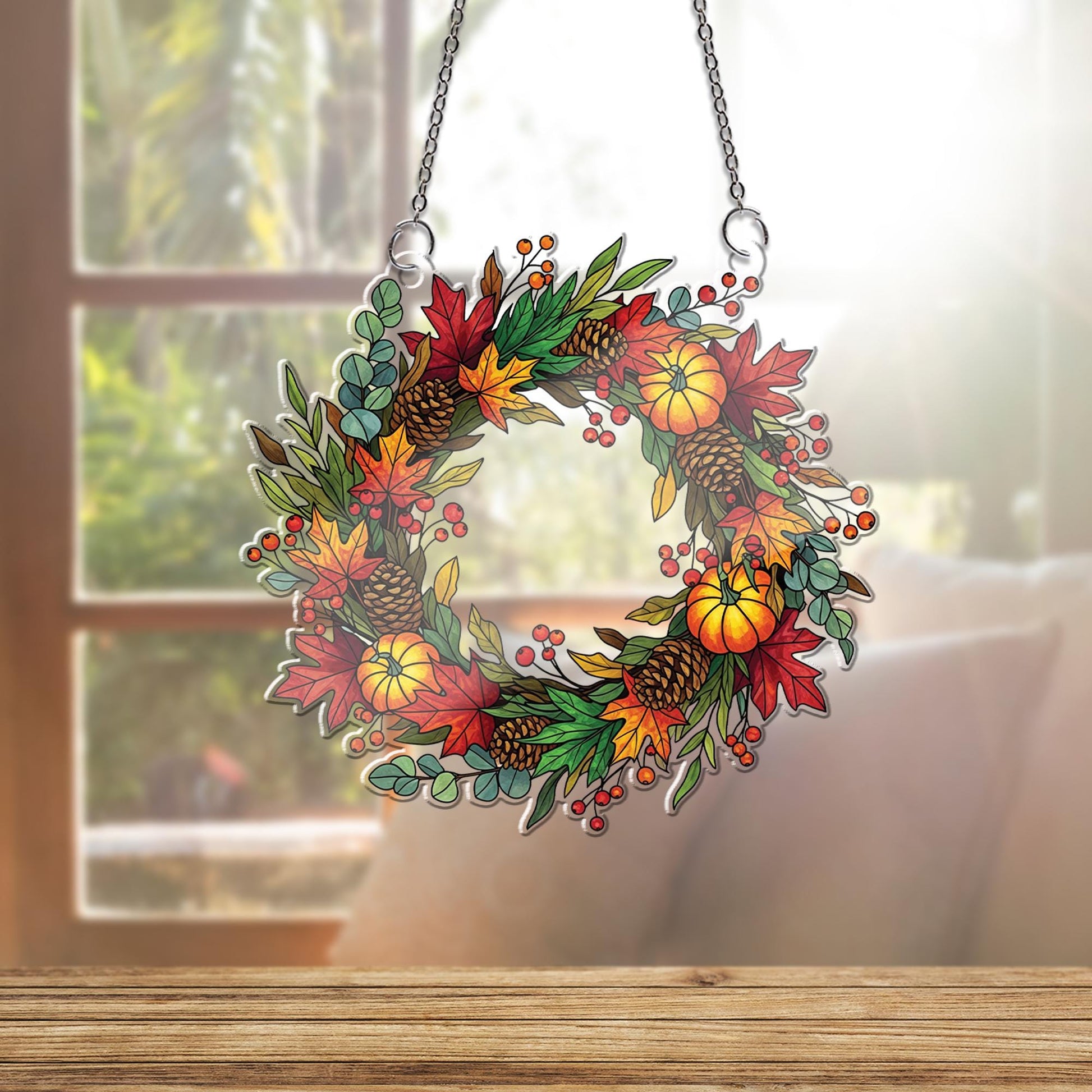 Autumn Laurel Wreath Faux Stained Glass Window Hanging, Pumpkin Pinecone Fall Sun Catcher, Harvest Decor for Thanksgiving Gift