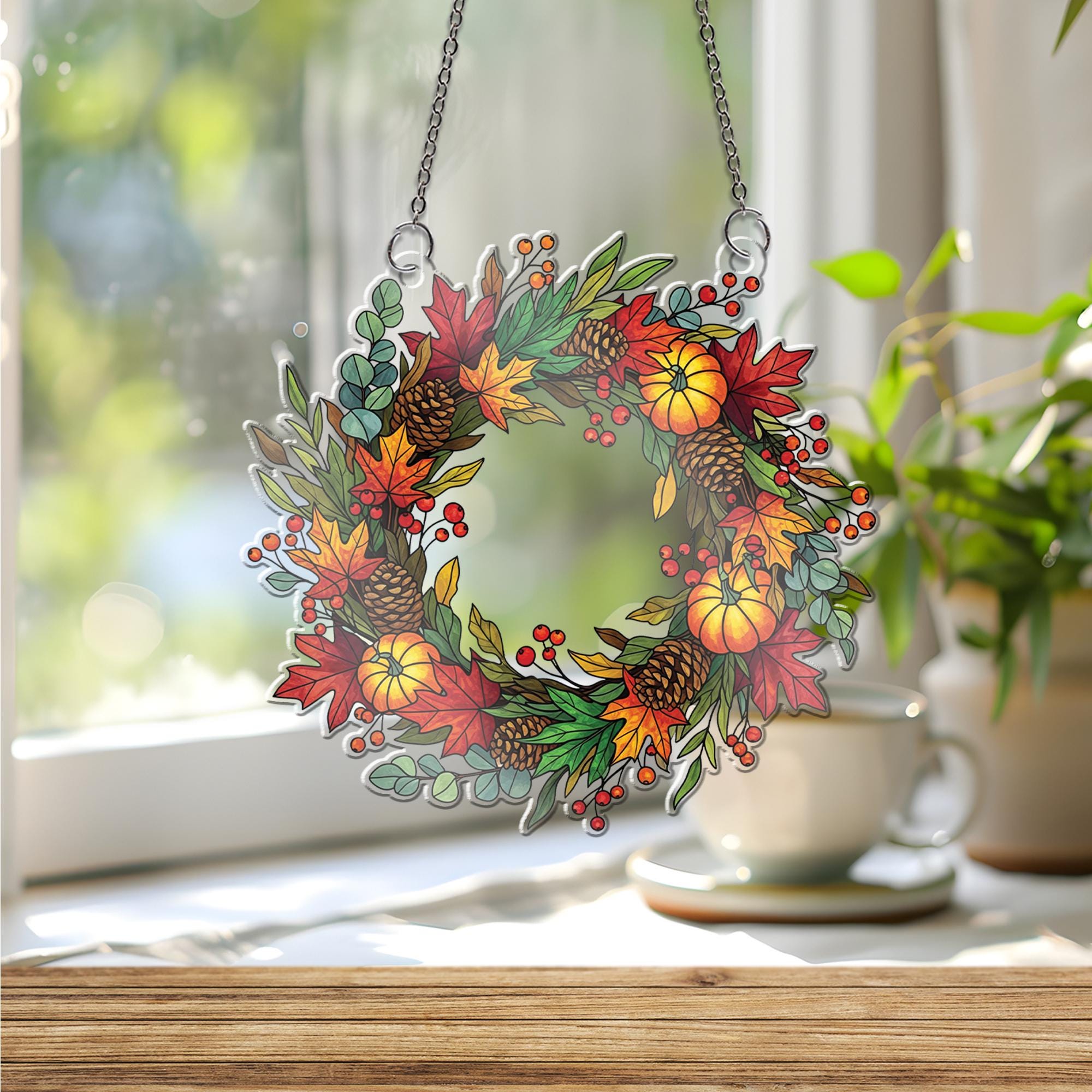 Autumn Laurel Wreath Faux Stained Glass Window Hanging, Pumpkin Pinecone Fall Sun Catcher, Harvest Decor for Thanksgiving Gift