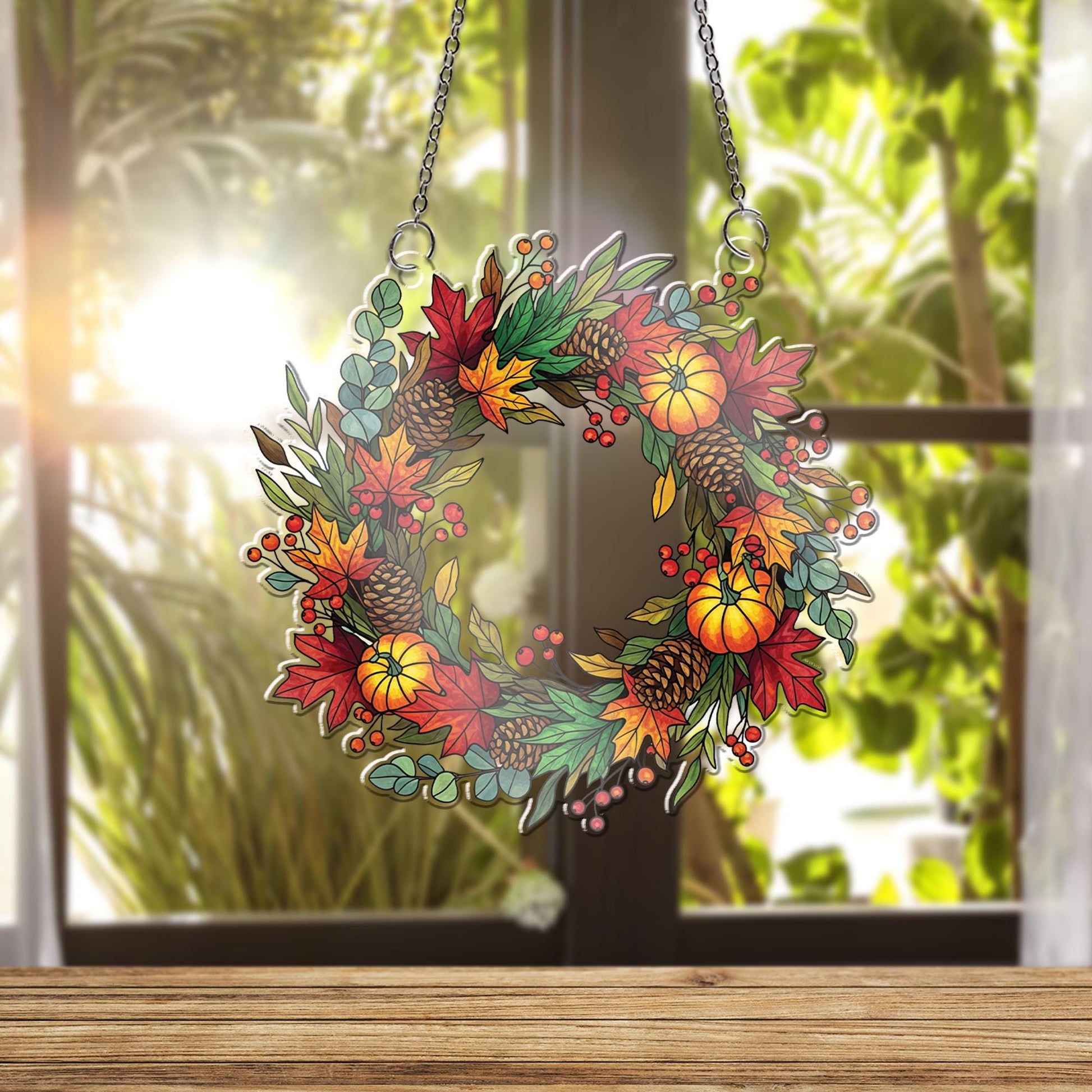 Autumn Laurel Wreath Faux Stained Glass Window Hanging, Pumpkin Pinecone Fall Sun Catcher, Harvest Decor for Thanksgiving Gift