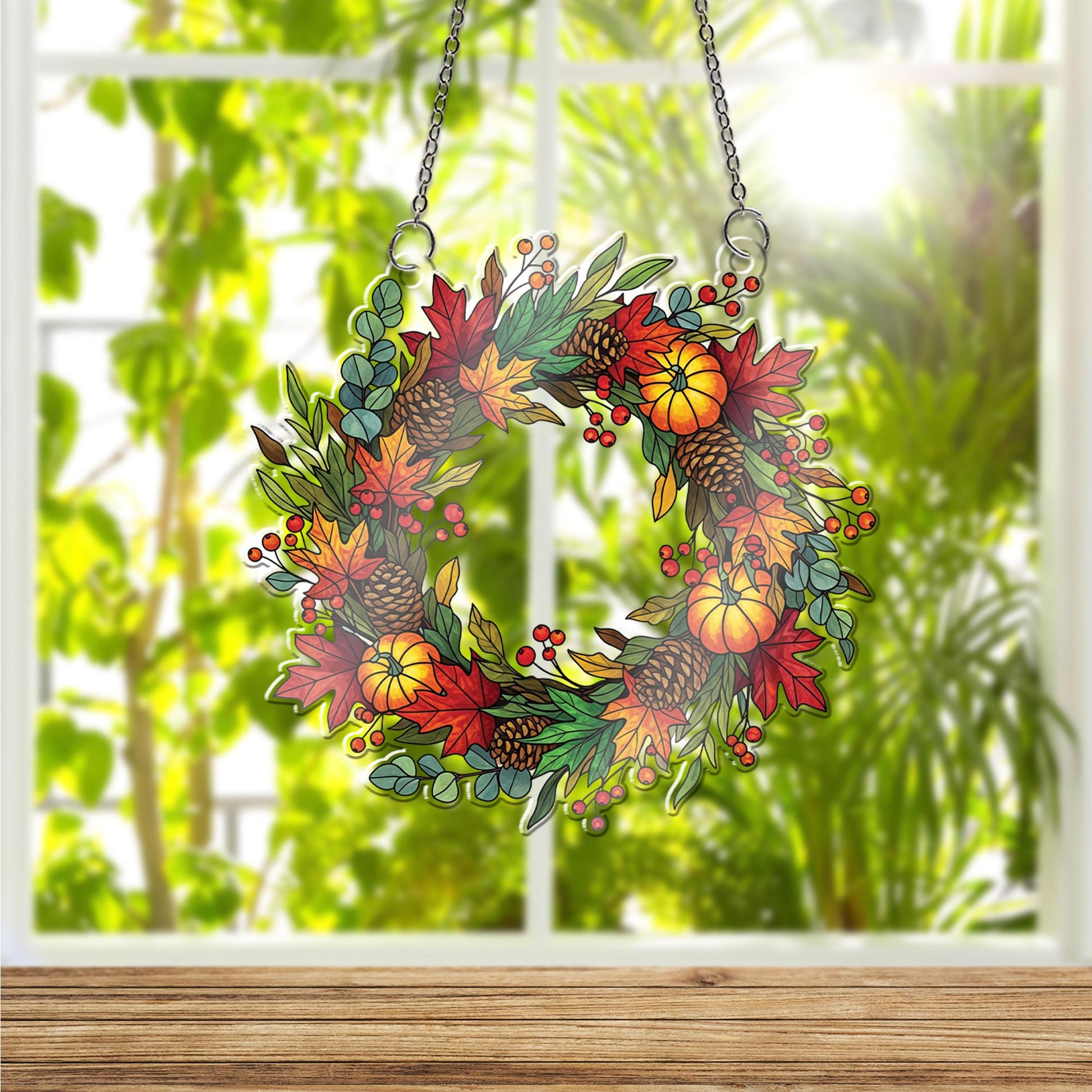 Autumn Laurel Wreath Faux Stained Glass Window Hanging, Pumpkin Pinecone Fall Sun Catcher, Harvest Decor for Thanksgiving Gift