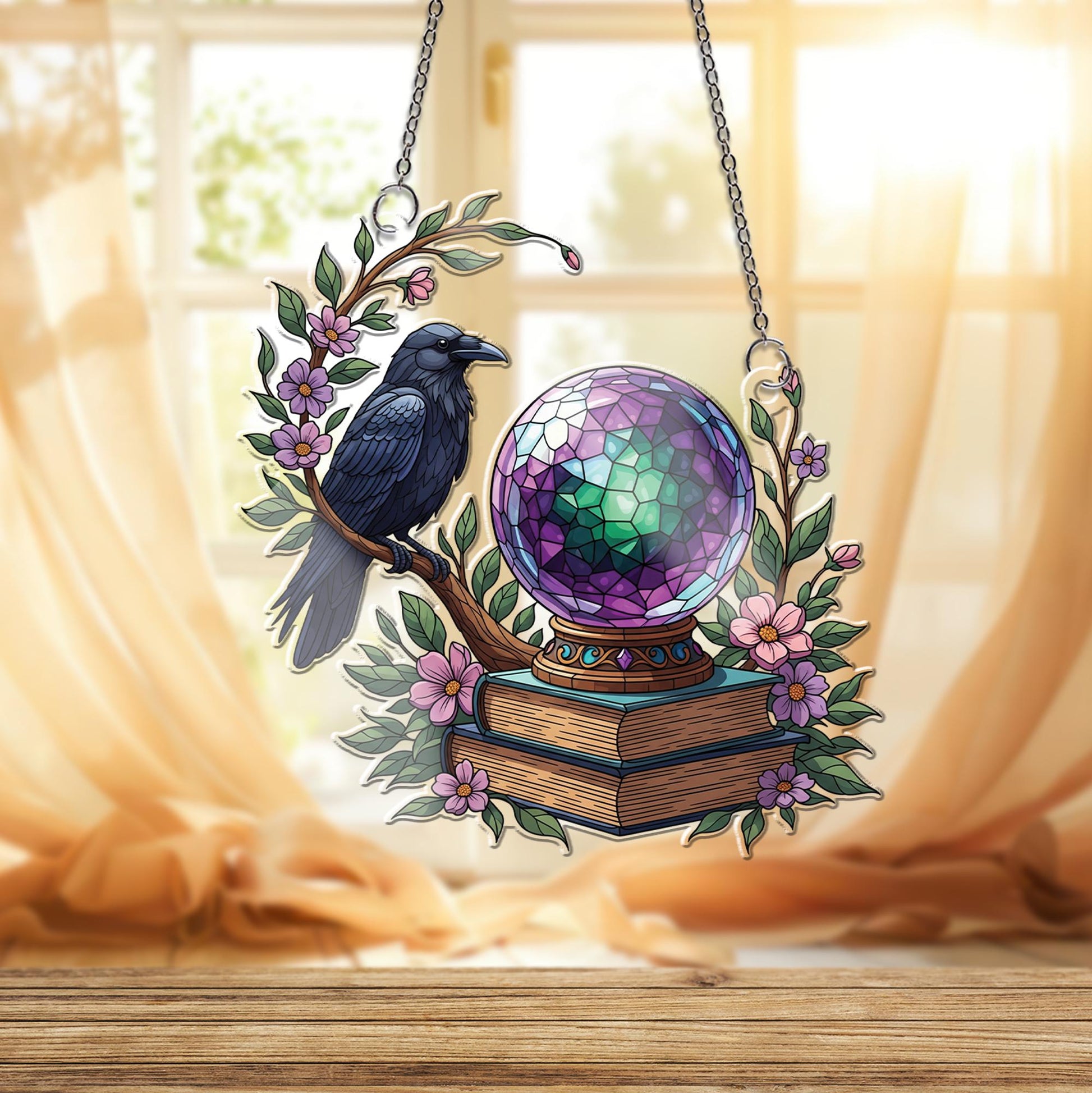 Mystical Raven & Crystal Ball Suncatcher, Witchy Decor, Gothic Home Accent, Fantasy Window Hanging