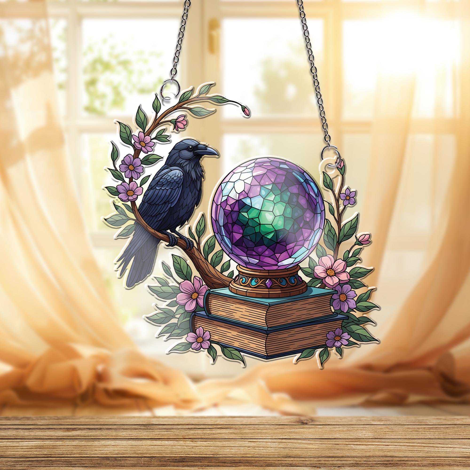 Mystical Raven & Crystal Ball Suncatcher, Witchy Decor, Gothic Home Accent, Fantasy Window Hanging