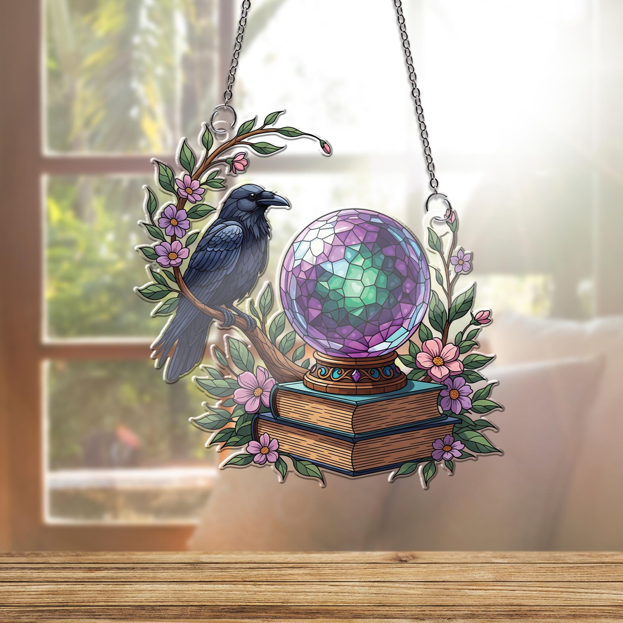 Mystical Raven & Crystal Ball Suncatcher, Witchy Decor, Gothic Home Accent, Fantasy Window Hanging