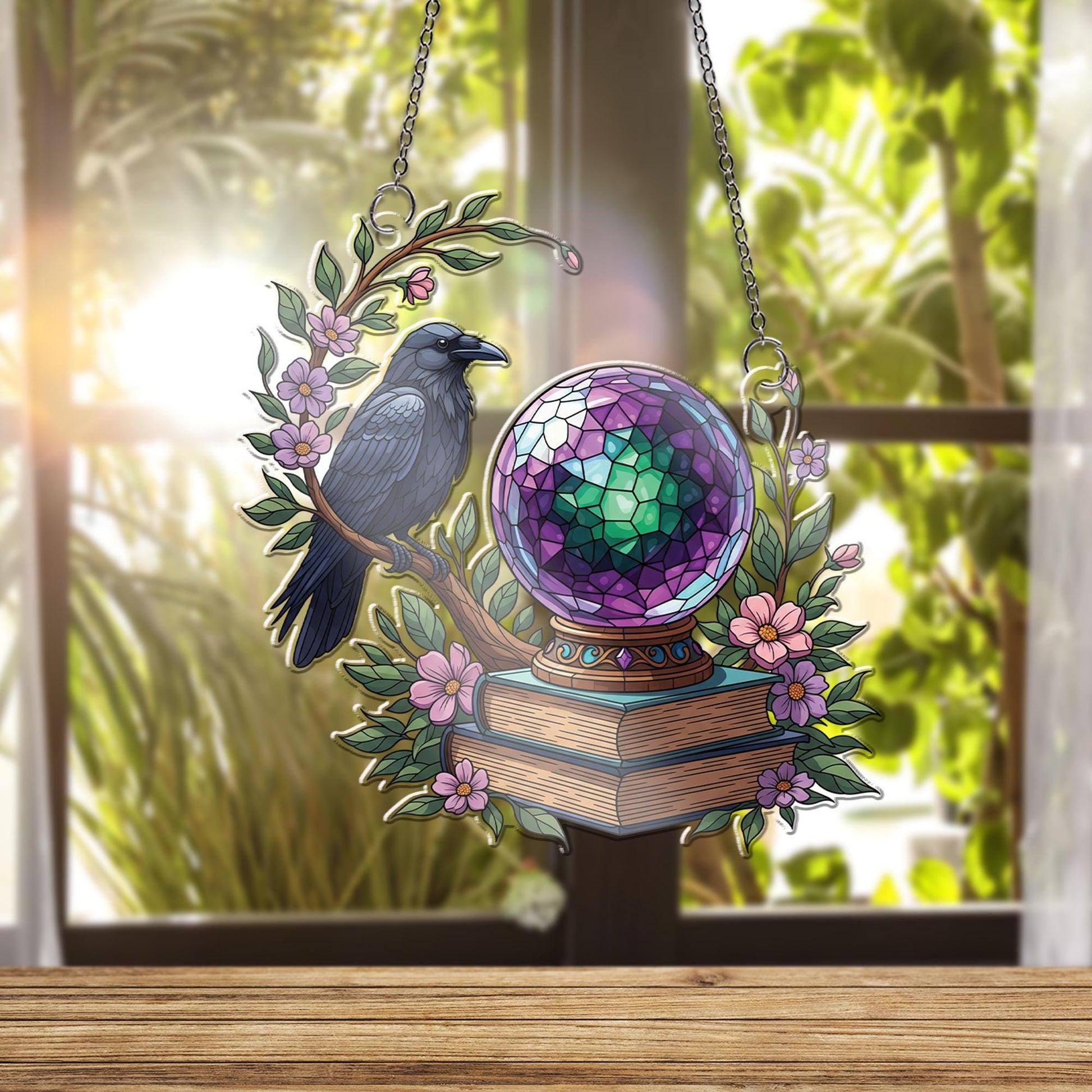 Mystical Raven & Crystal Ball Suncatcher, Witchy Decor, Gothic Home Accent, Fantasy Window Hanging