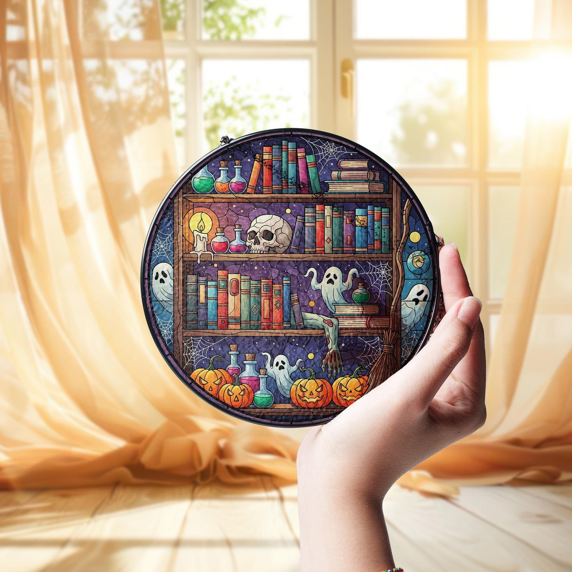 Halloween Bookshelf Faux Stained Glass Suncatcher – Ghost Potion Book Decor, Spooky Witchy Window Hanging, Gothic Fall Gift