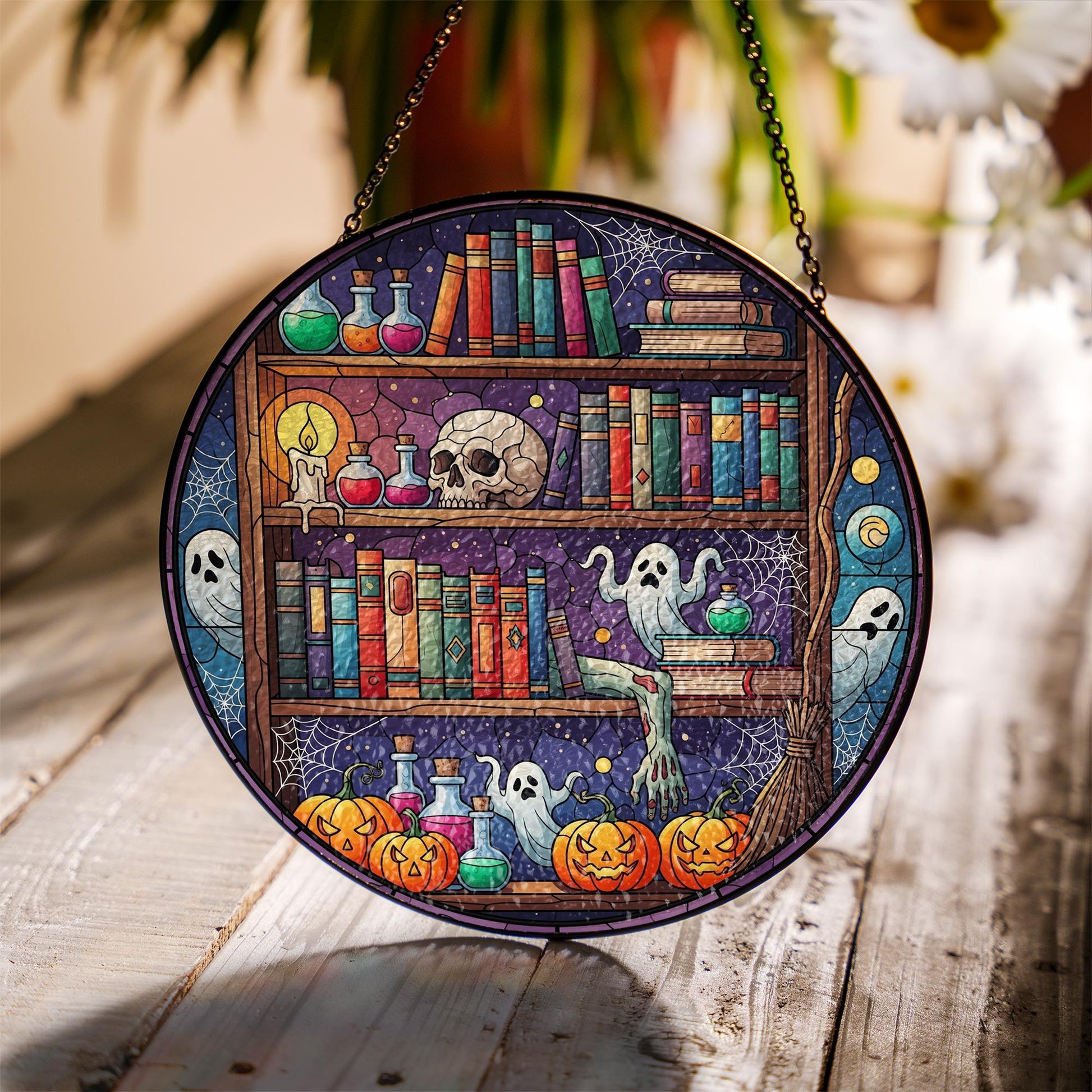 Halloween Bookshelf Faux Stained Glass Suncatcher – Ghost Potion Book Decor, Spooky Witchy Window Hanging, Gothic Fall Gift